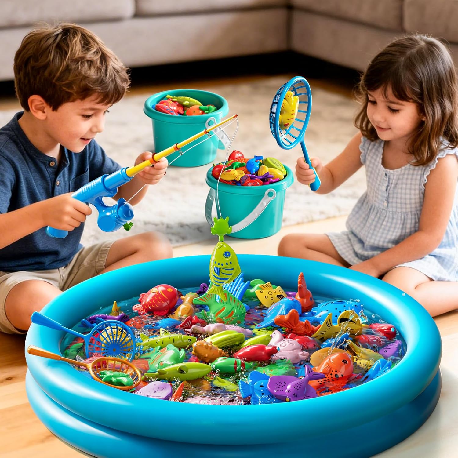 Magnetic Fishing Game Pool Toys for Kids 3 4 5 6 7 8, Water Table Bathtub Toys with Inflatable Pool, Bath Toys for Toddlers, Summer Outdoor Indoor Magnetic Fishing Toys Gifts for Boys Girls 3-5 4-8