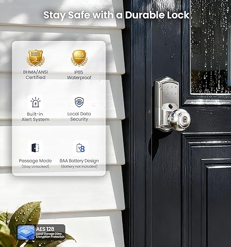 Miniatura 5 de Veise VE028 - Cerradura inteligente Wi-Fi integrada con perilla, entrada sin llave de huellas dactilares con asa, control remoto de aplicación y