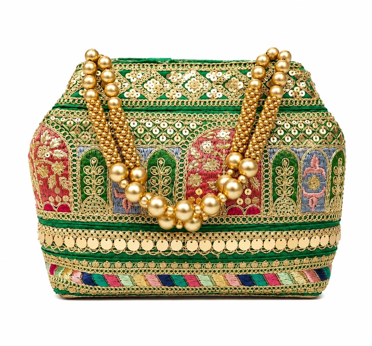Embroidered Sequence Potli Bag, Green with Gold Beaded Handles-image-31
