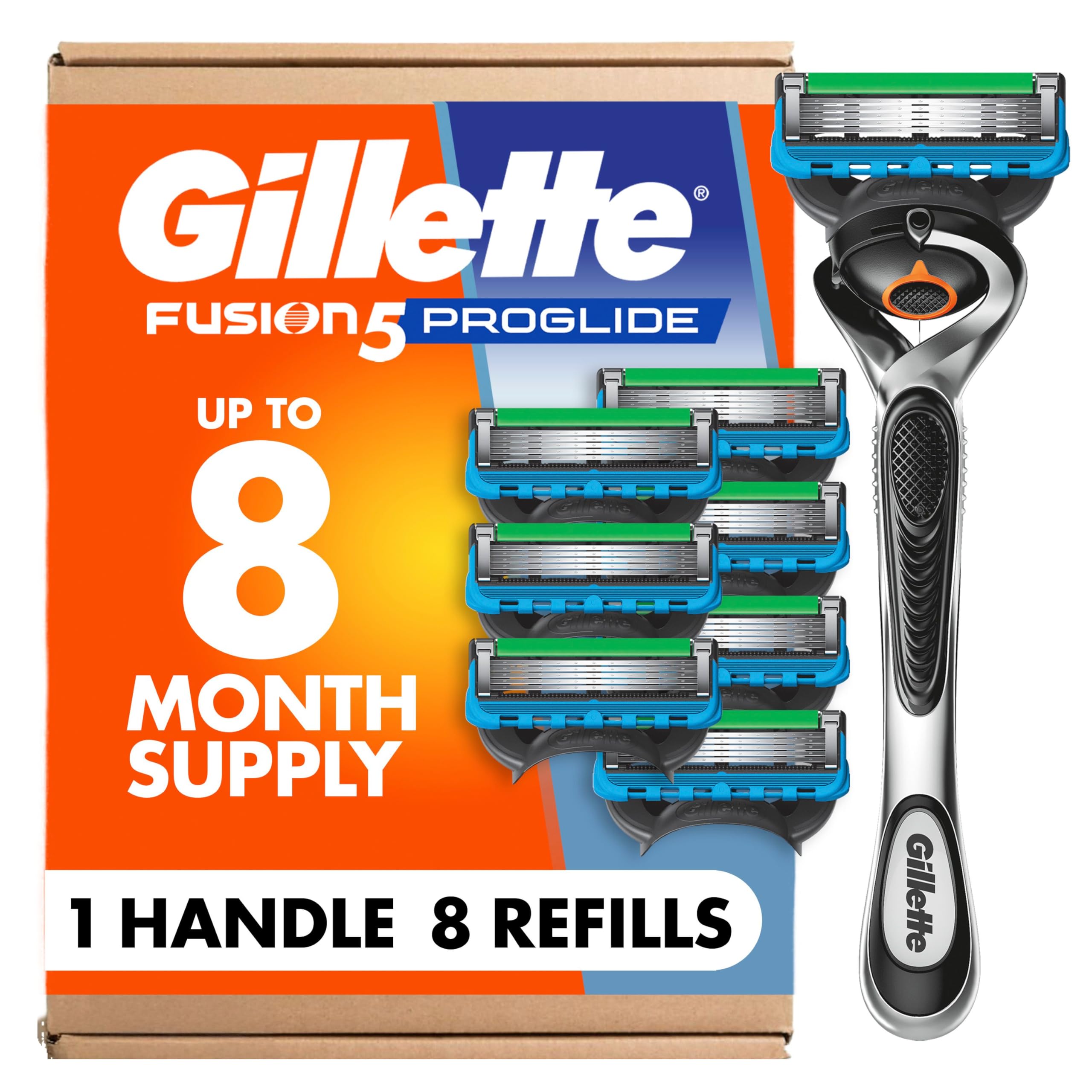 Gillette Fusion5 ProGlide Shaving Razor for Men with Precision Trimmer for Incredible Comfort and a Close Shave, 1 FlexBall Handle + 8 Refills, 1 Pack (Count of 9)