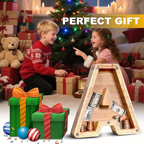 Miniatura 8 de Alcancía de madera personalizada con letras del alfabeto, para niños y niñas, tamaño grande, 26 alfabetos, banco de dinero con nombre personalizado,