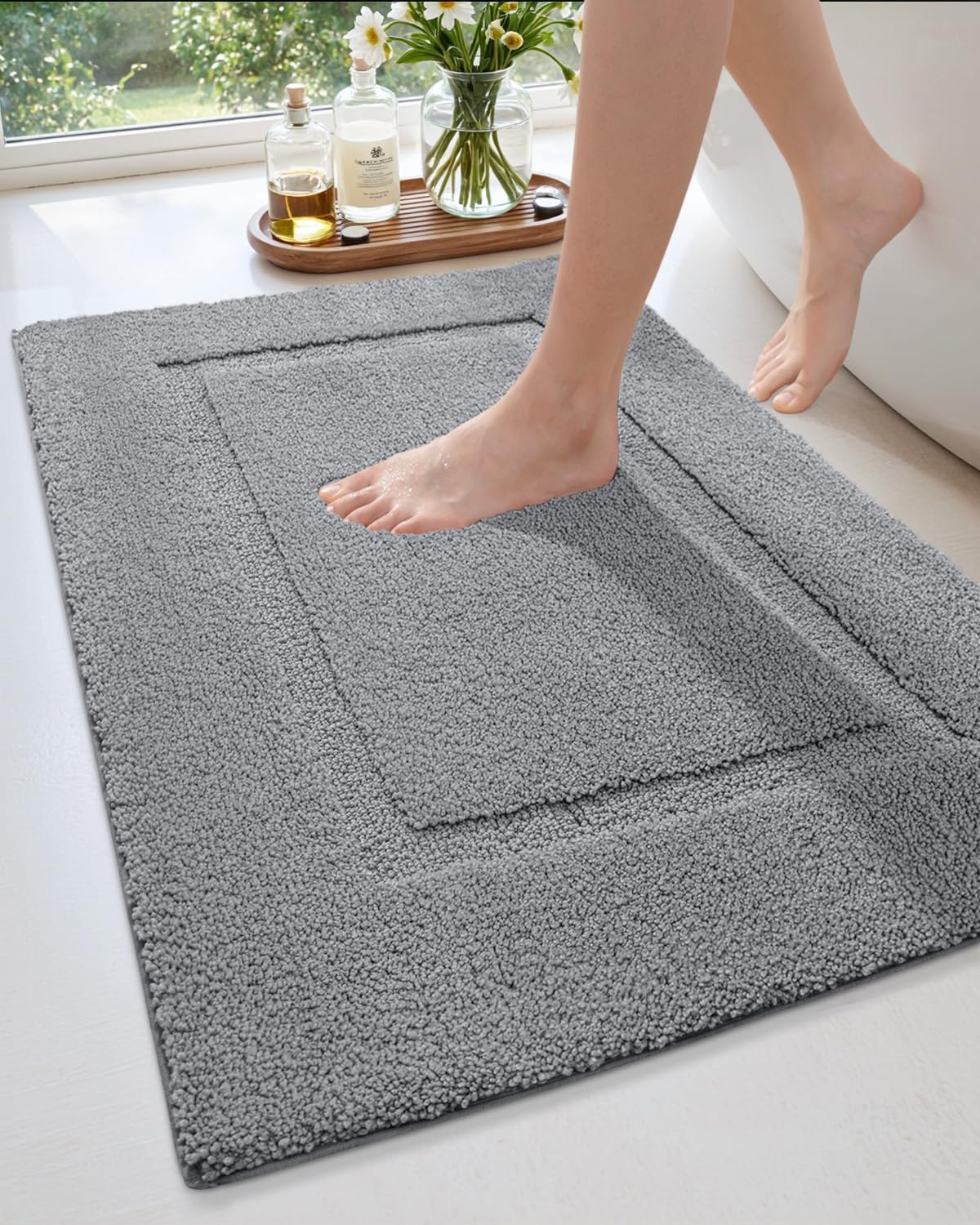 DEXI Bathroom Rugs 36x24, Washable Non Slip Bath Mat for Shower Floor, Absorbent Quick Dry Bathmat with Rubber Backing, Ultra Soft Plush Carpet for Tub, Grey