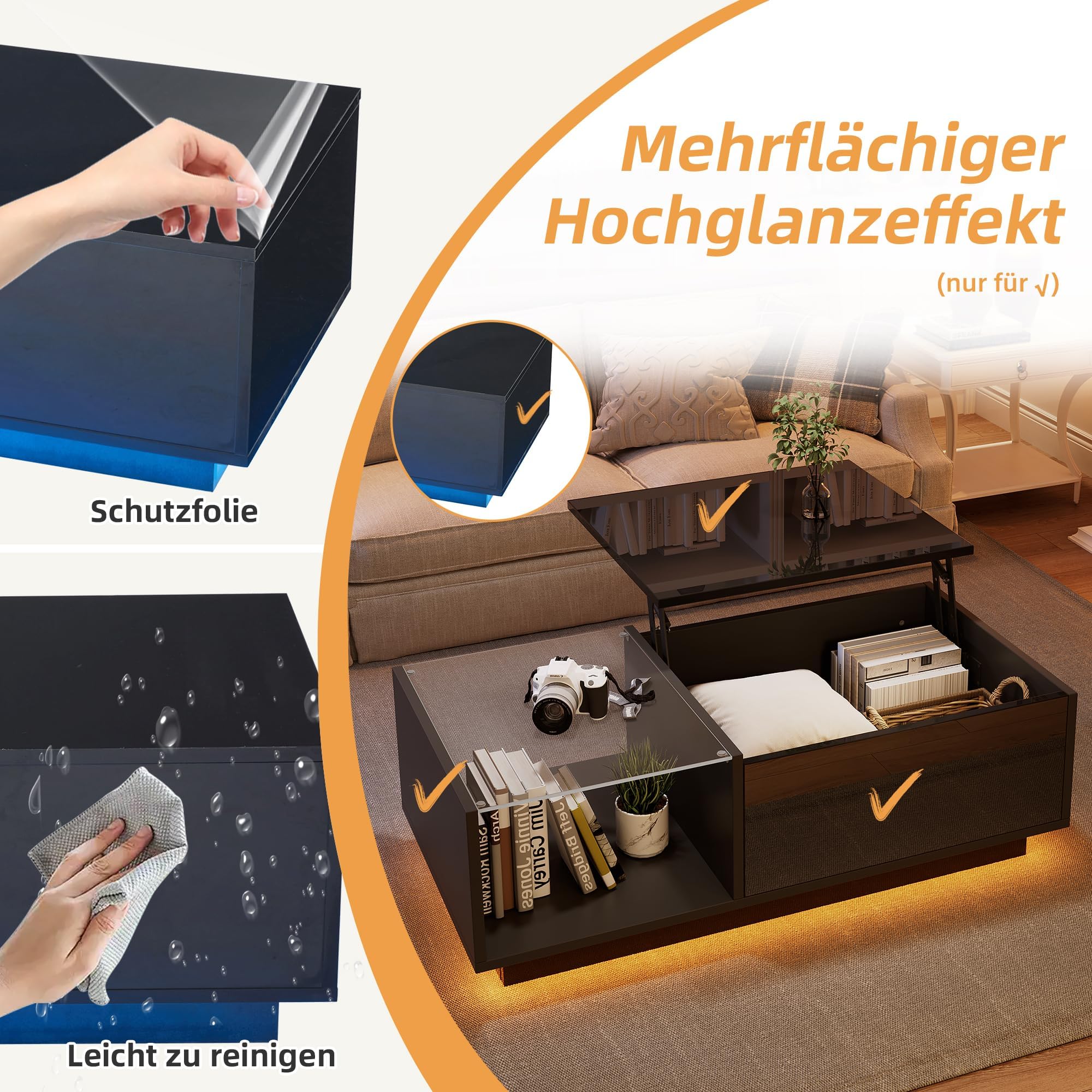 okwish Couchtisch Höhenverstellbar mit LED & Stauraum, Schwarz Hochglanz