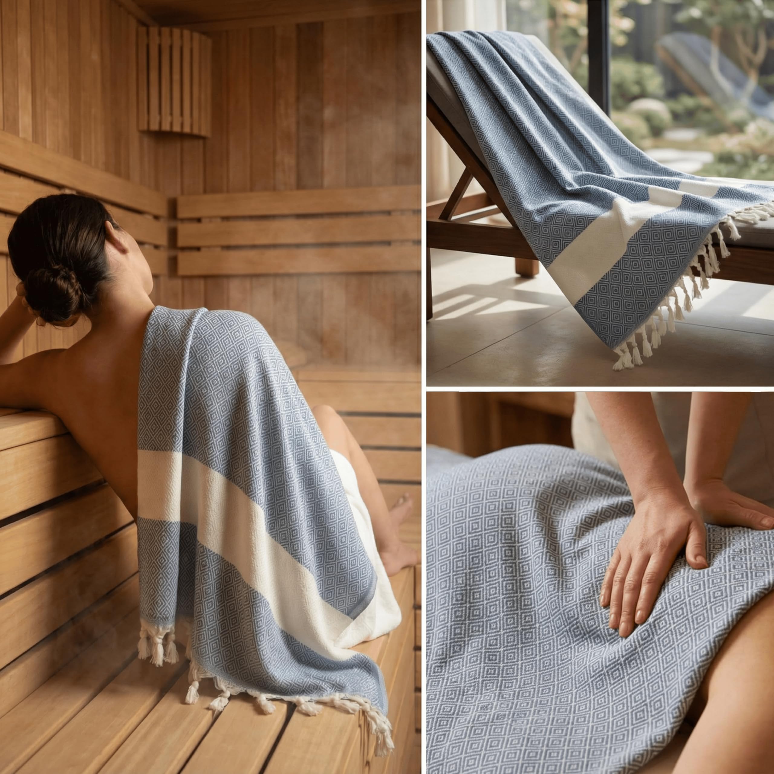 2X Hamamtuch 180x100 cm aus 100% Baumwolle – Saunatuch/Saunahandtuch & Strandtuch – Leicht, saugstark & schnelltrocknend – Peshtemal (Jeansblau und Fliederlila)