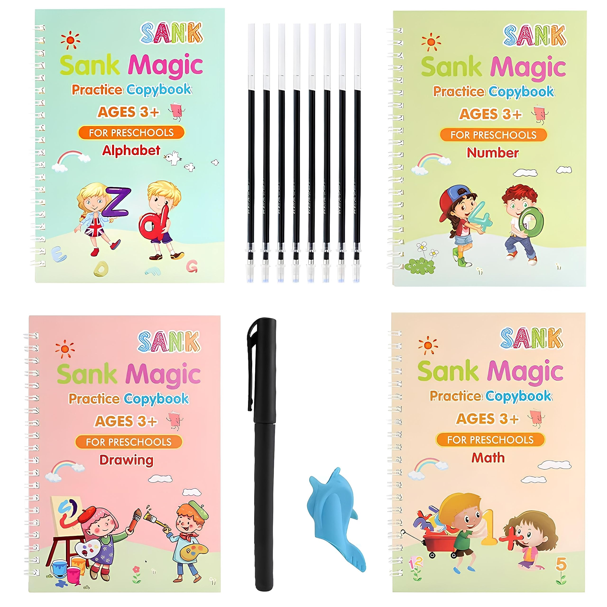 DOOMSDAY Magic Reusable Practice Copybook for Kids, Number, Math, Drawing, Alphabet Handwriting Workbook for Ages 3 To 8 Years Calligraphy Hand Lettering (4 Books, 10 Refiils)