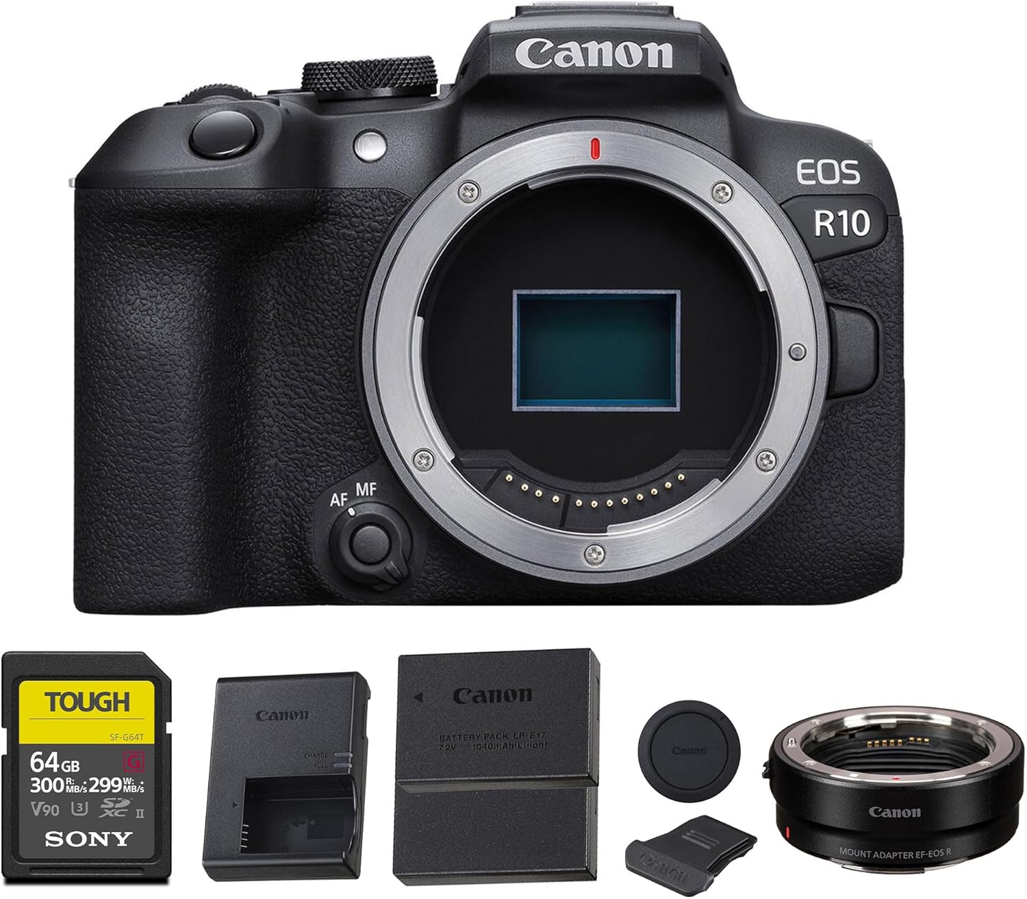 Canon EOS R10 Mirrorless Camera – Compact APS-C RF-Mount Camera with 24.2MP Sensor, 4K Video & Dual Pixel CMOS AF II (5331C002) + Canon Adapter EF-EOS R + 64GB Memory Card + LP-E17 Battery + More