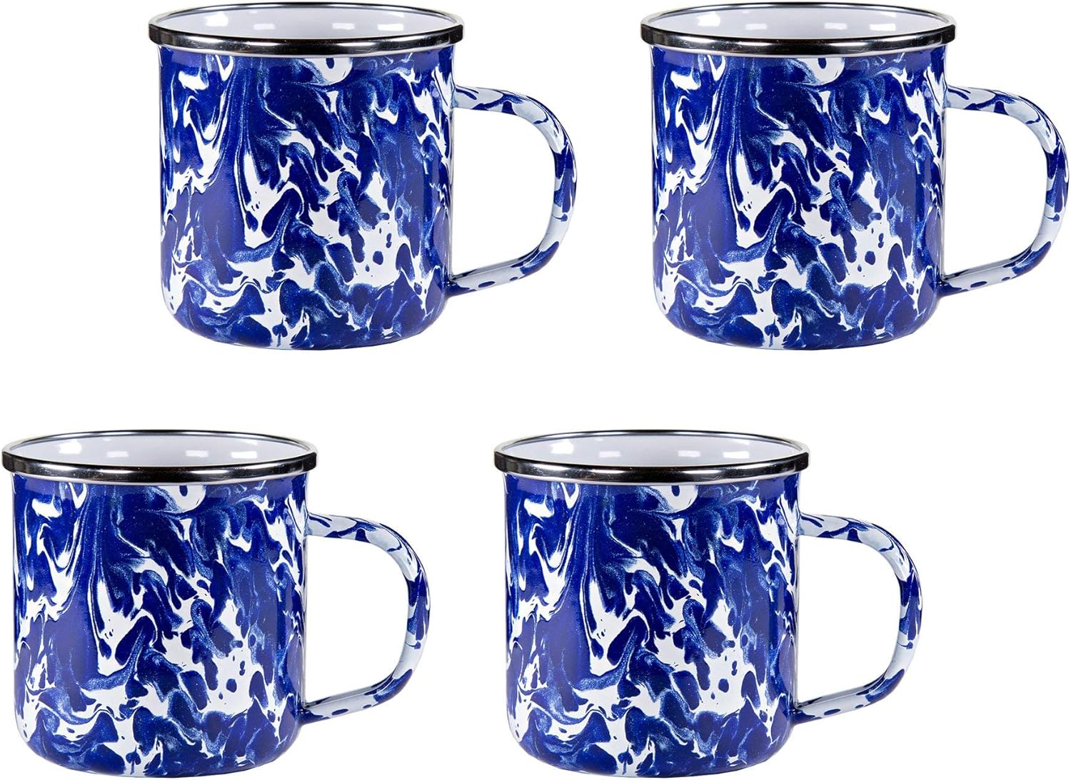 Golden Rabbit Enamelware Coffee or Tea Mugs, 12 ounce, Cobalt Swirl, Set of 4