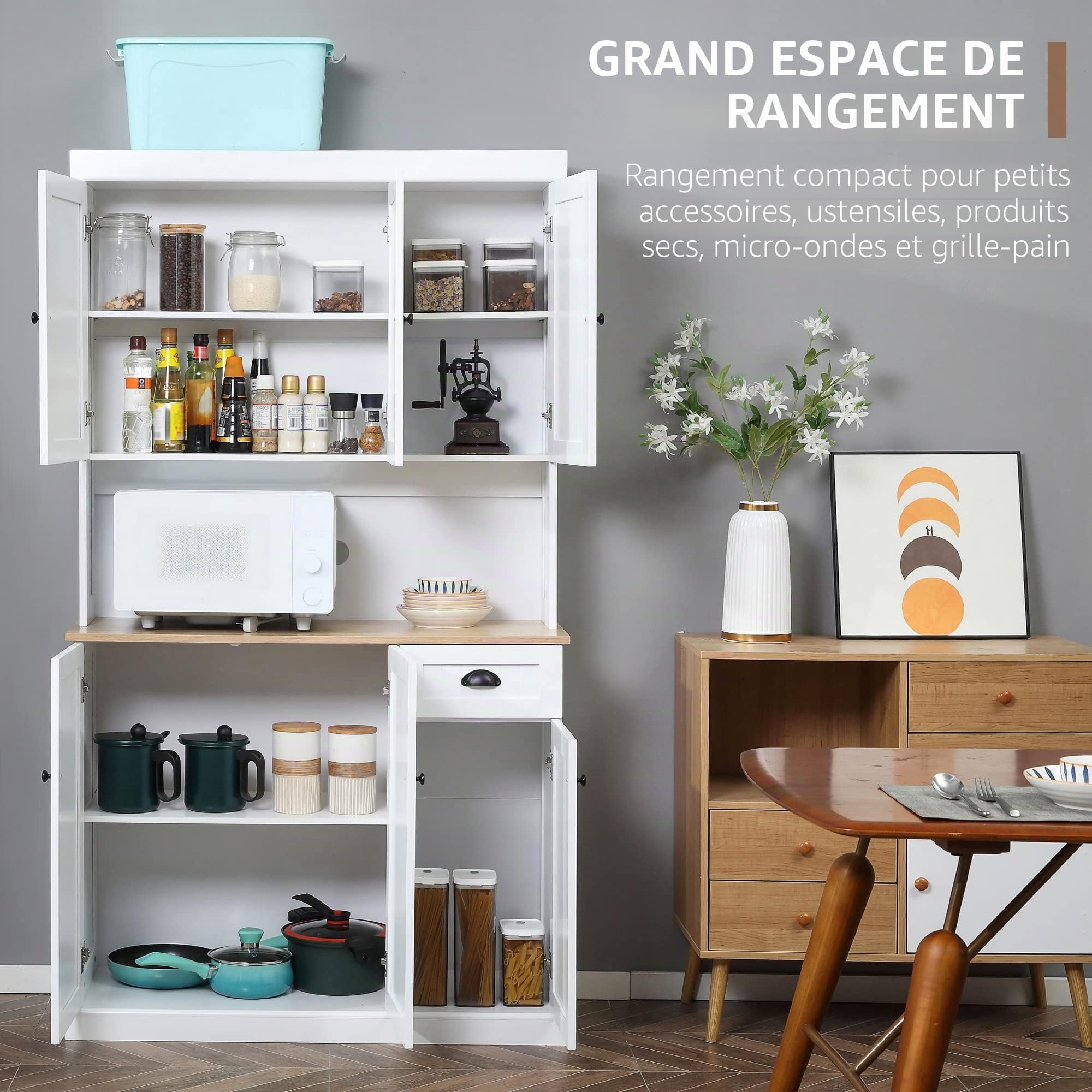 HOMCOM 180cm Armoire Cuisine 6 Portes, 101cm Large, tiroir, Blanc