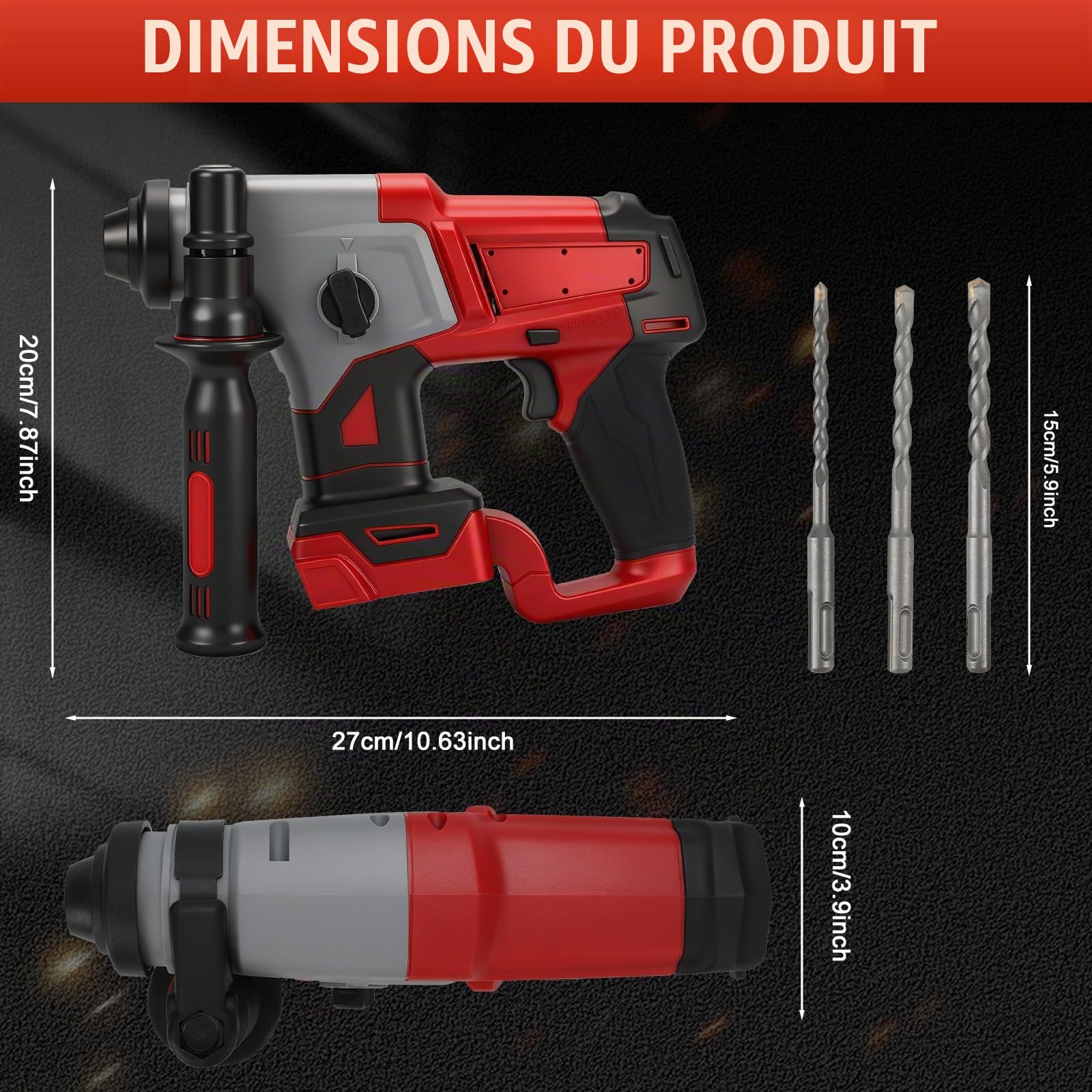 Combiné hammer et trous de forage pour Milwaukee 18V batterie(sans batterie | Roadtime 1200W 2-en-1 3J brosses sans machine de forage 3500rpm, percussion machine de forage avec 3x broche SDS PLUS