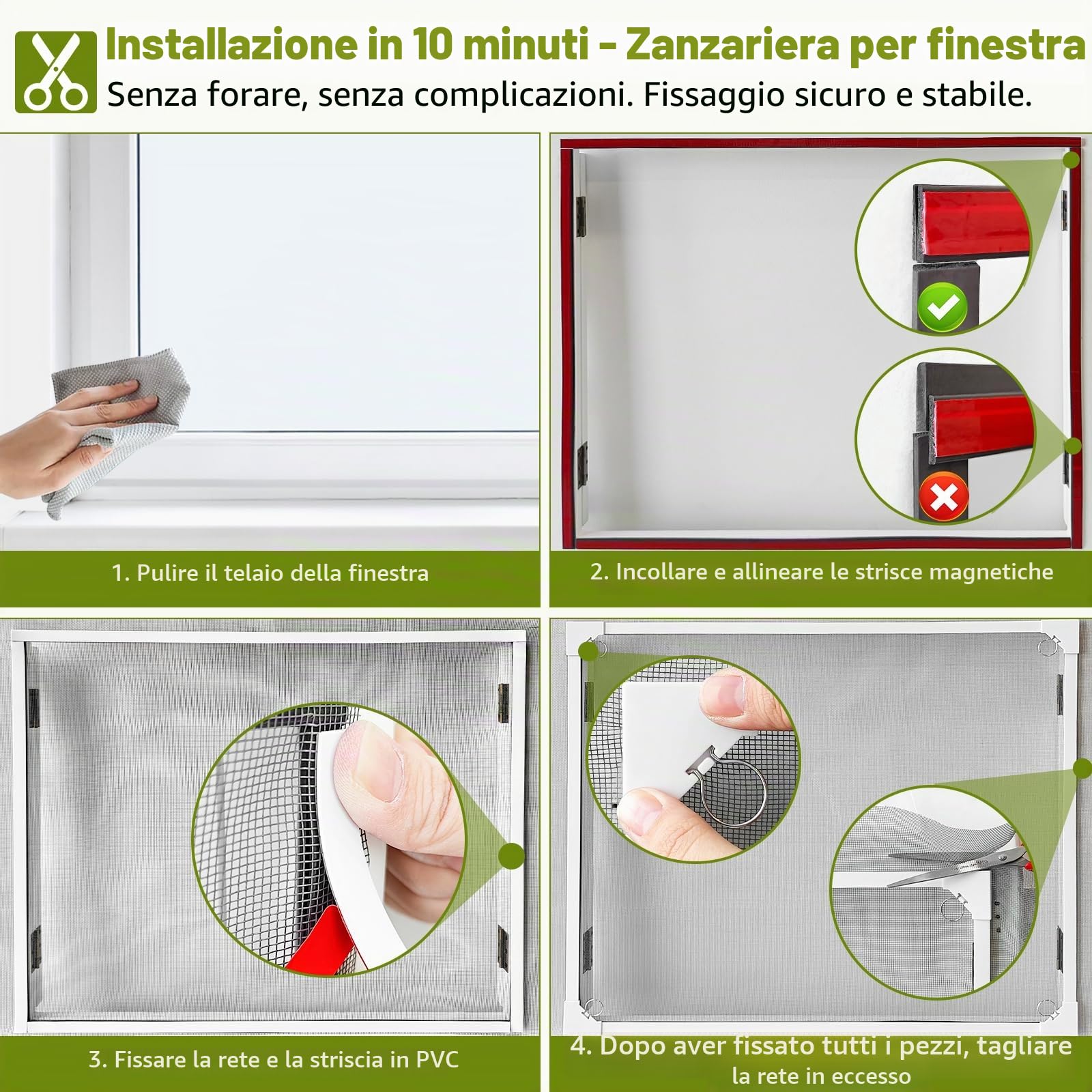 Zanzariera Magnetica Finestra,150x180 cm DIY Regolabile | Rete in Fibra di Vetro, Senza Forare, Facile installazione ,Zanzariere Magnetiche per Finestre, Telaio Bianco e Rete Grigia