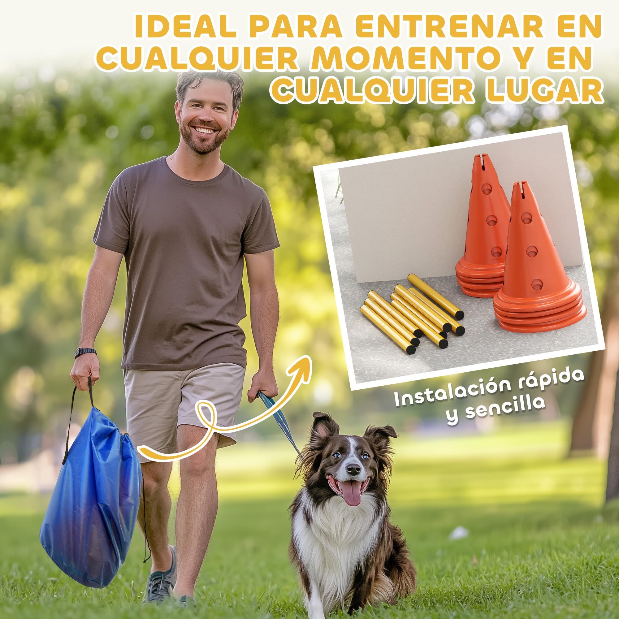 PawHut Juego de Agilidad para Perros, Vallas de Obstáculos de Entrenamiento de Coordinación, 8 Conos 30 cm de Altura, 4 Barras 80 cm de Longitud y Bolsa de Transporte, para Deporte de Fútbol y Perros