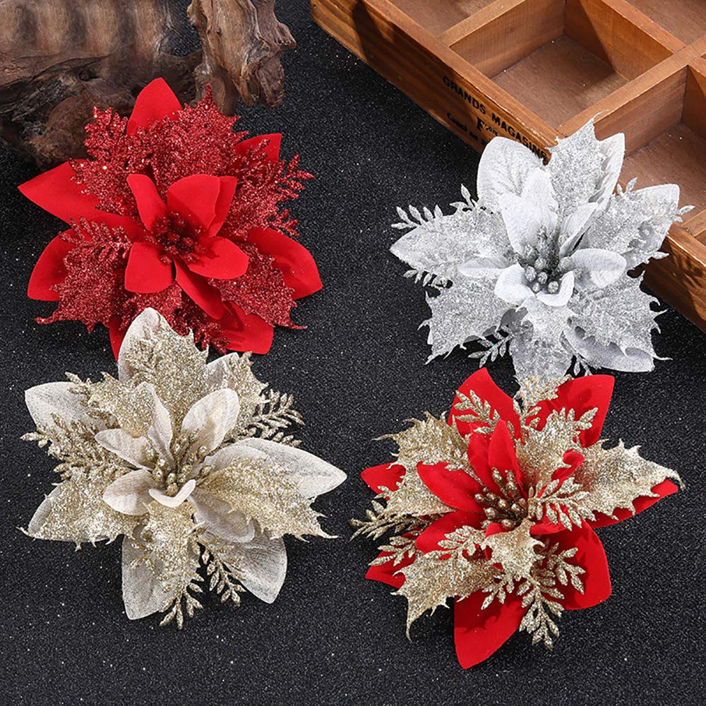 Amazon | クリスマス 造花 【10個入れ】 人工花 フラワー キラキラ