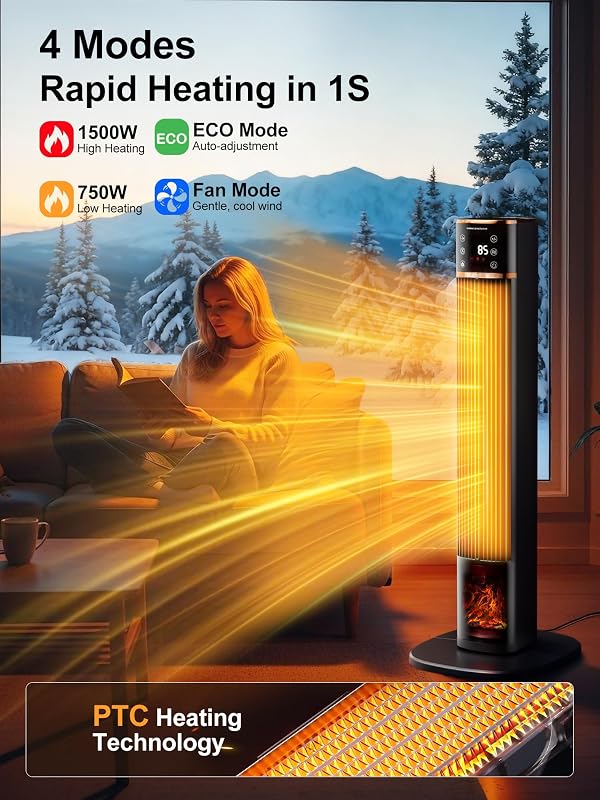 Uthfy Space Heater for indoor use, Large Room Heater with 3D Flame Effect, 1500W Portable Electric Heater with ECO, 90° Oscillating, Remote, PTC Ceramic Heaters for Bedroom, Office, Home by Uthfy - Image 3