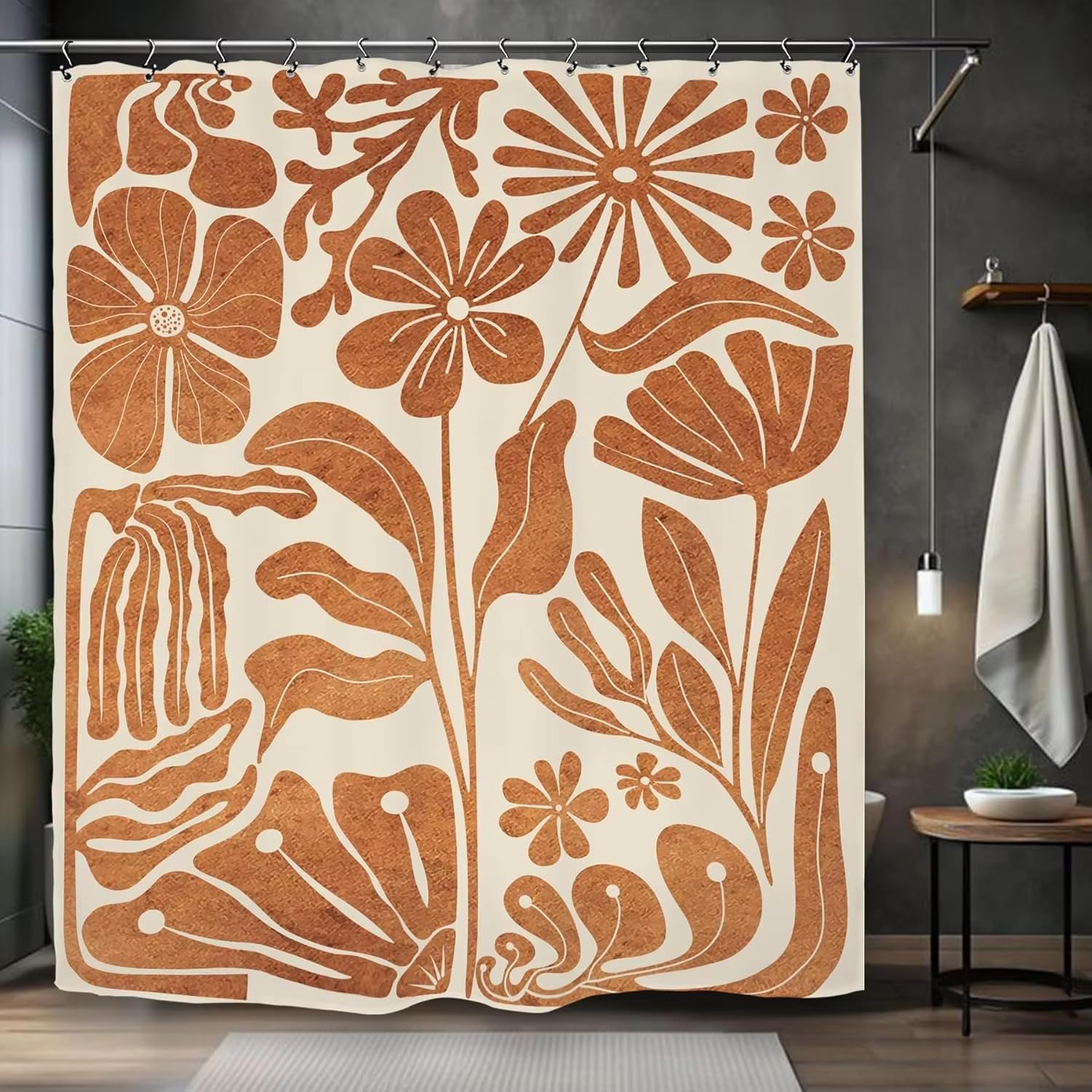 Rideau de Douche Rustique Marron à Motif Floral, Style bohème, Tons Terre, en Polyester imperméable (200 x 235 cm (79 x 93 po))
