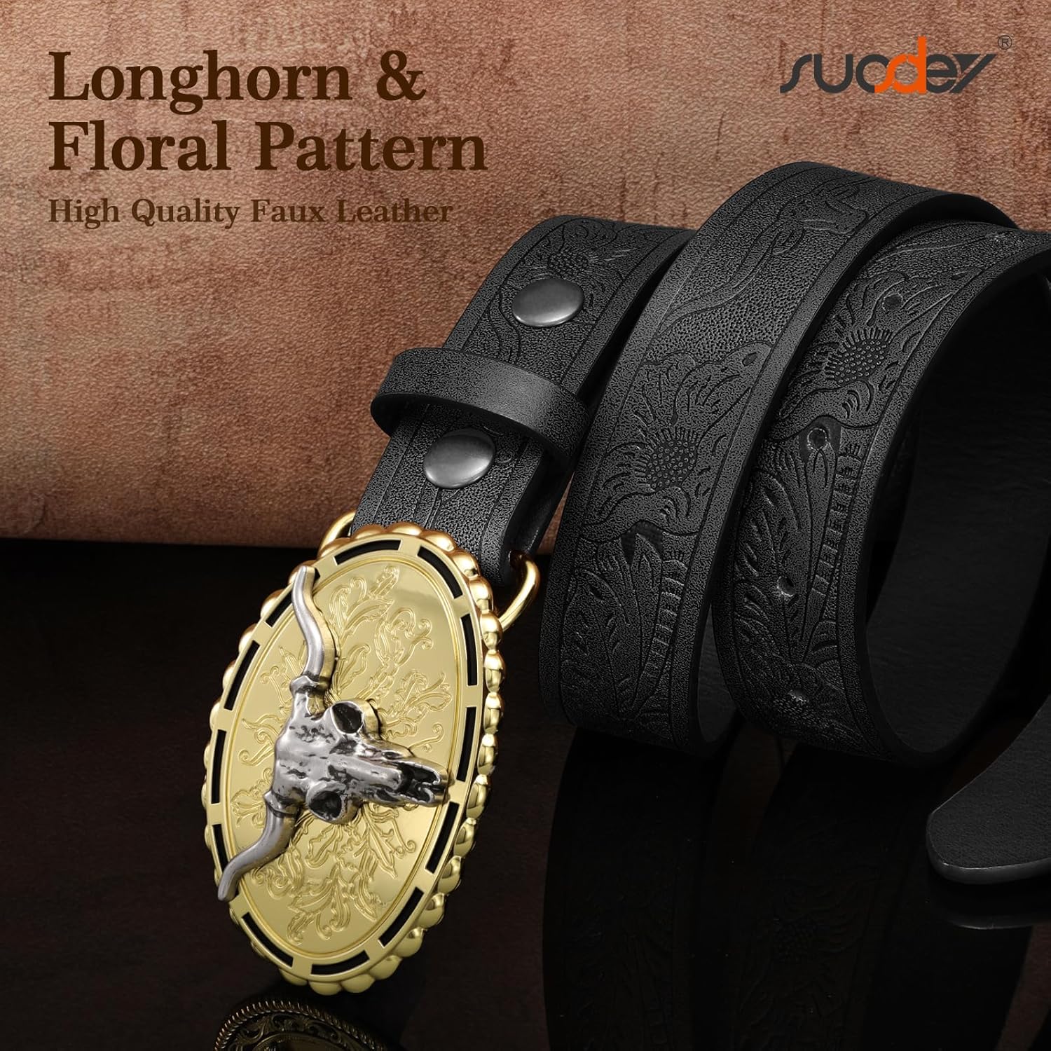 SUOSDEY Kids Western Cowboy Belt for Boys Girls,Toddler Cowgirl Embossed Leather Belt with Longhorn Bull Buckle - Image 5