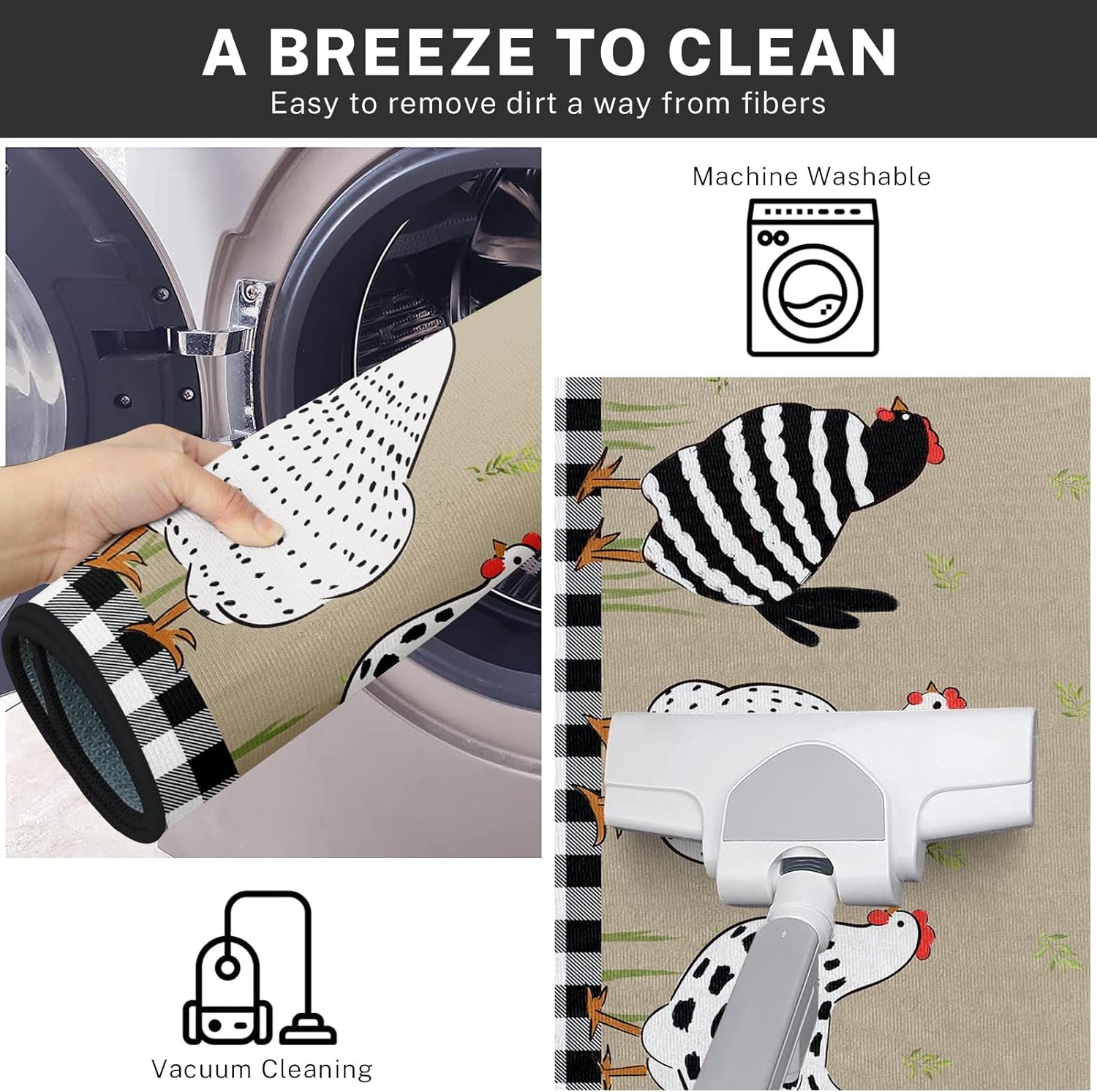 Arttown Rooster Kitchen Rugs and Mats Non Skid Washable Set of 2, Cartoon Farmhouse Chicken Mats for Floor, Black White Runner Rug, Vintage Kitchen Decor - Image 6