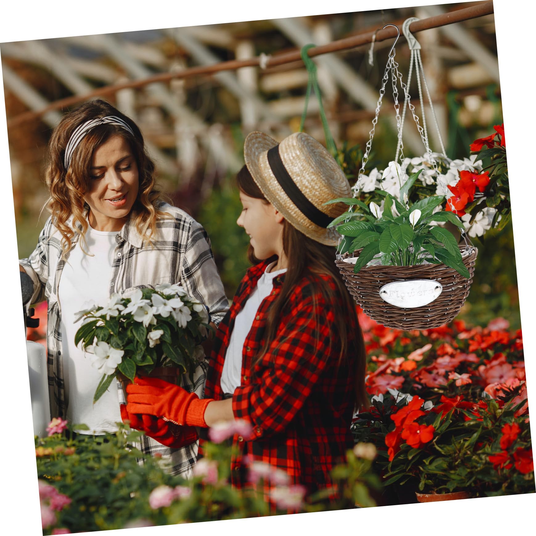 Set 2 Fioriere Sospese in Metallo e Rattan, Vasi Appesi 25 CM per Giardino e Patio, Cesti Medi per Piante da Balcone e Interni