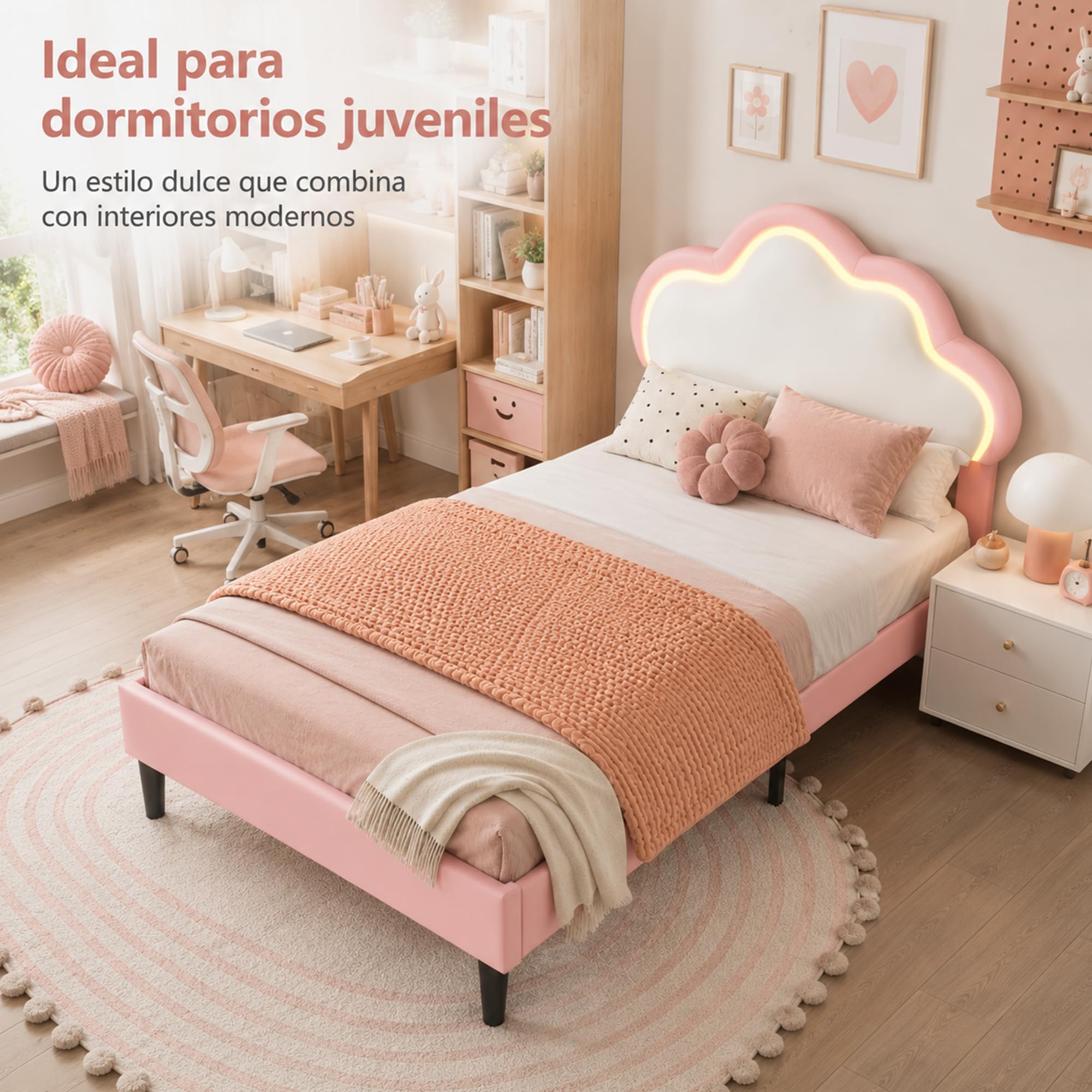 Cama infantil niña 90 x 200 cm, cama infantil nube con LED, cabecera ajustable en altura en forma de nubes, somier de láminas, camas acolchadas para 1 persona para niña adolescente, PU, rosa+blanco