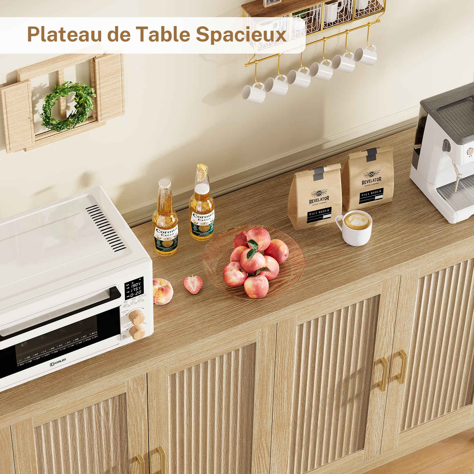 TEENFON 140cm Buffet Cuisine Cannelé 4 Portes, Meuble Cuisine à Étagères Réglables, Buffet Salle a Manger en Bois Naturel pour Salon, Cuisine – 140x38x83.6 cm