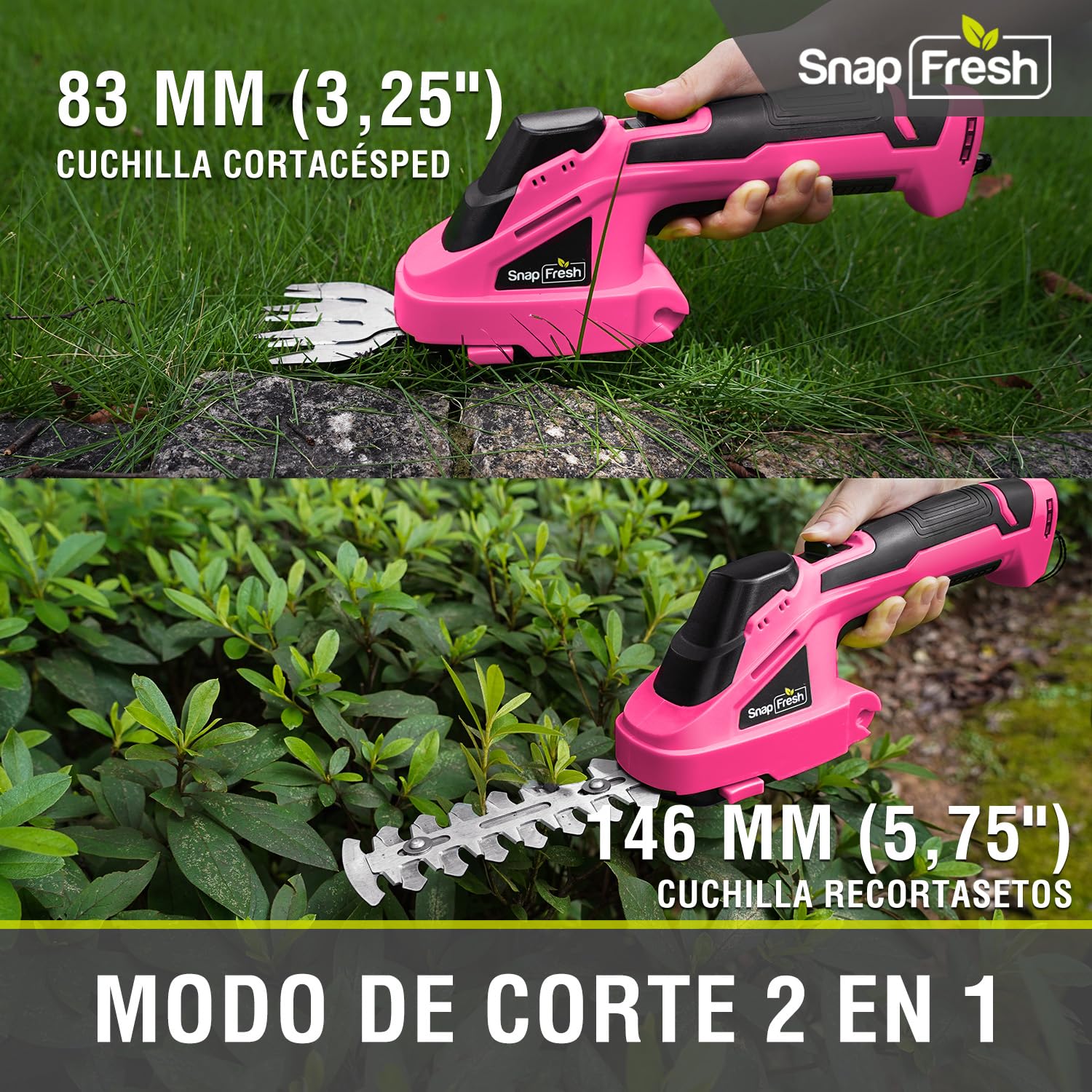 SnapFresh - Batería eléctrica con minicortadores inalámbricos de 7,2 V, Tijeras para Esculpir, setos 2 en 1 y Cargador, Longitud de Hoja: 14 cm (arbustos) / 8 cm(Rosa)