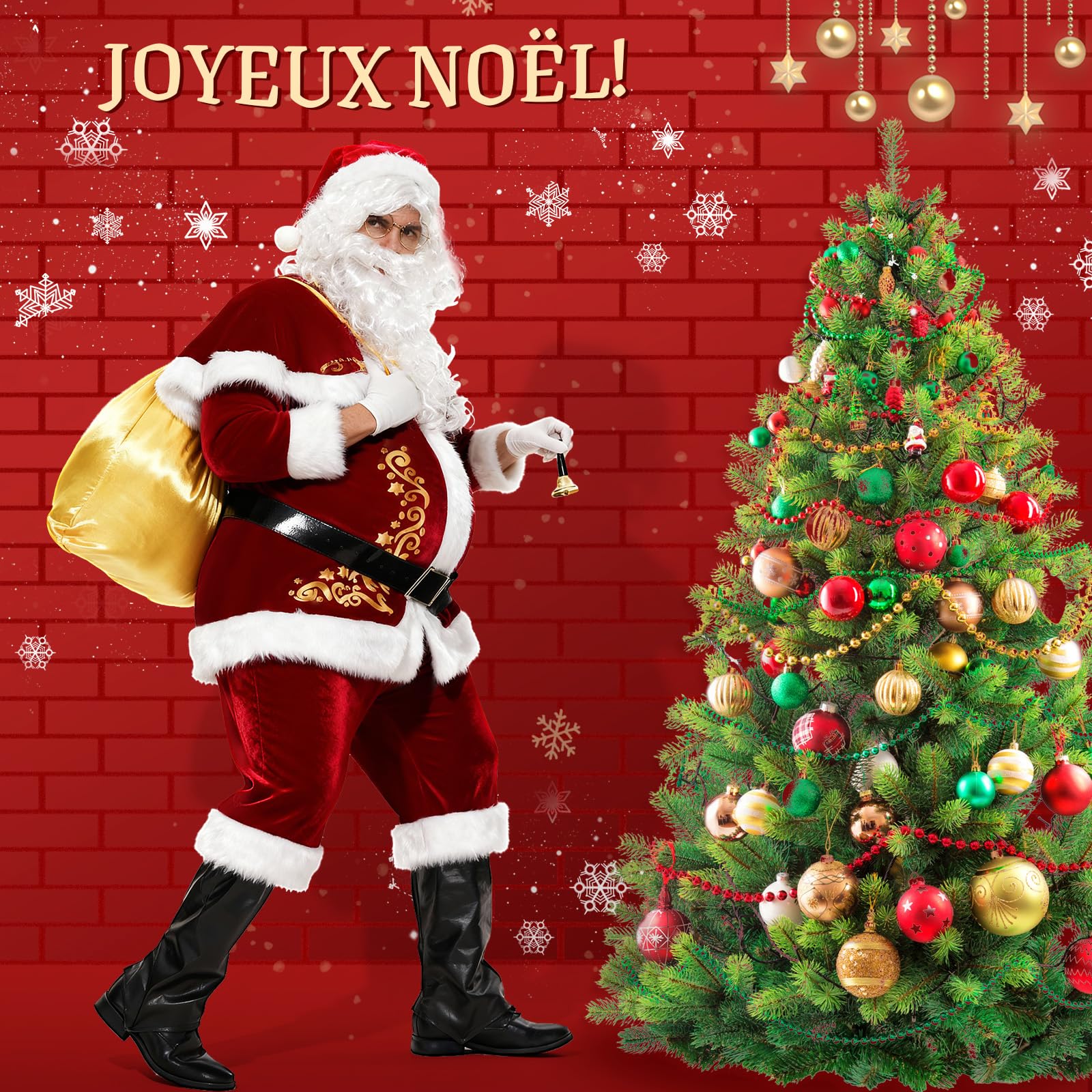 Ulikey Costume Pere Noel Homme, 15 Pièces Deguisement Pere Noel Adulte Tenue Pere Noel Homme Set avec Ensemble Complet Accessoires de Père Noël pour Noël, Carnaval