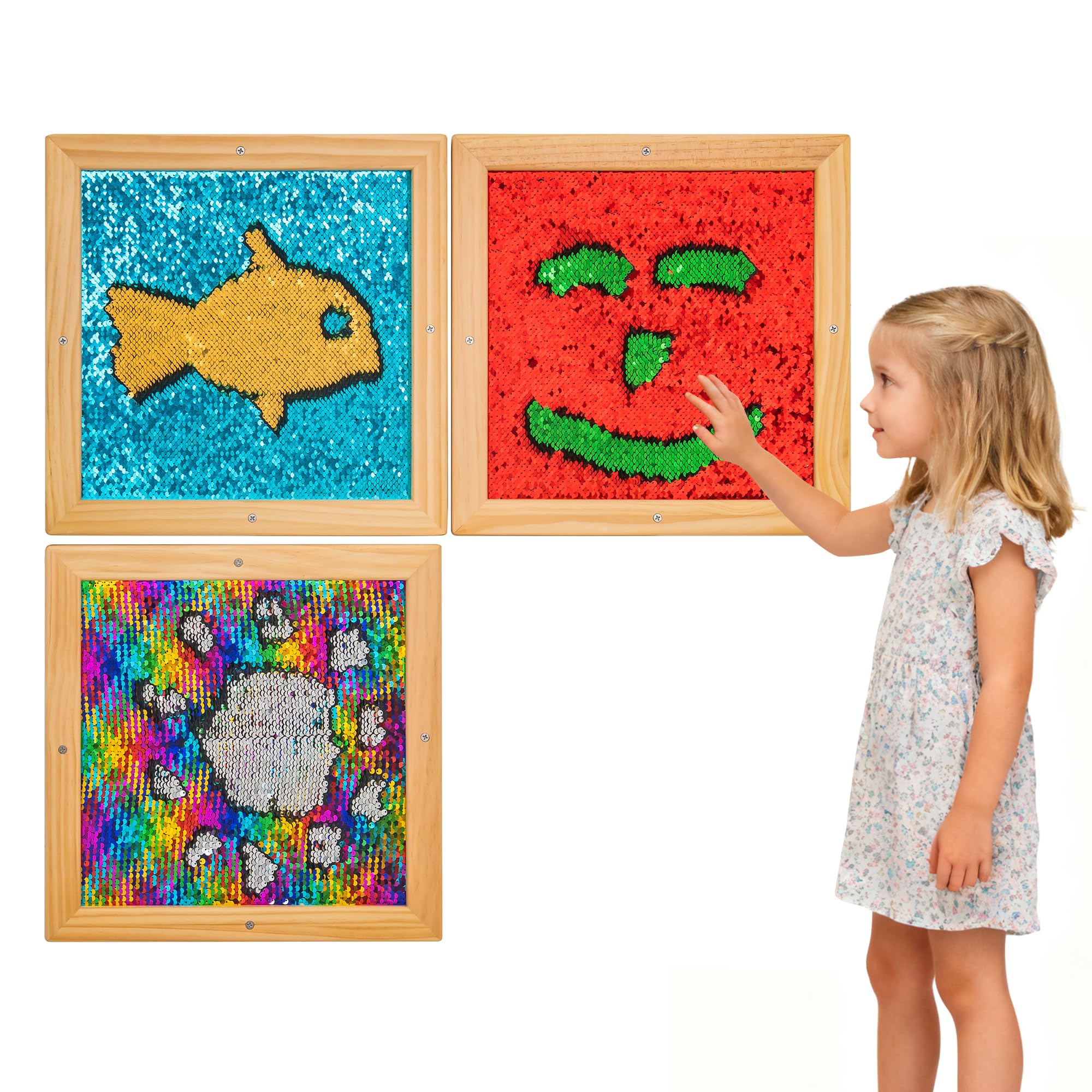 3 Packs Wall-Mounted Sequin Sensory Wall, 14''x14'' Reversible Sequin Sensory Panel with Solid Wood Frame, Early Learning & Development, Ideal for Sensory Rooms, Therapy, Education, and Home Use