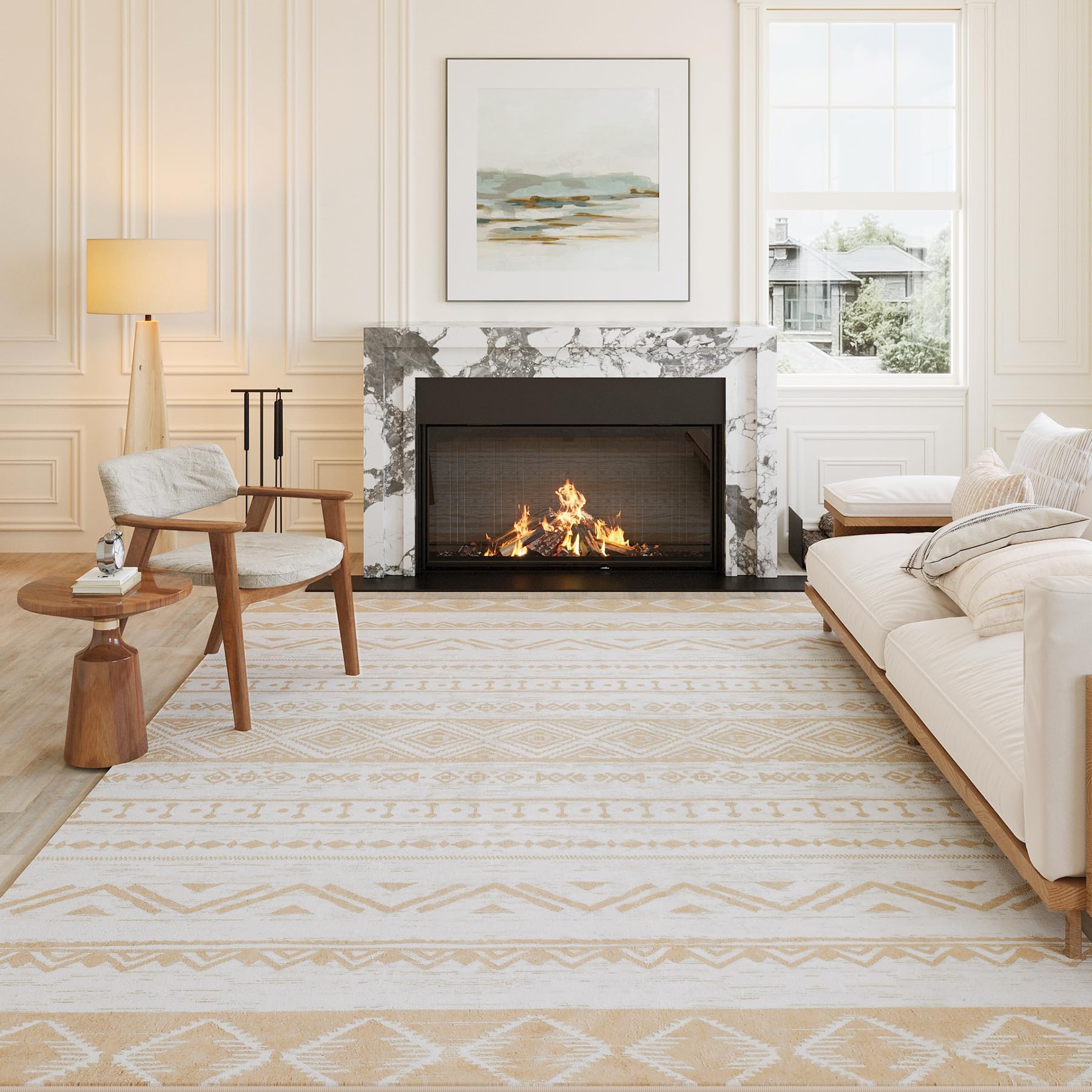 WondRg Boho Area Rug 8x10 Beige Moroccan Bedroom Living Room Large Rug Soft Non Slip Washable Indoor Mat Distressed Design Laundry Dining Room Floor Carpet