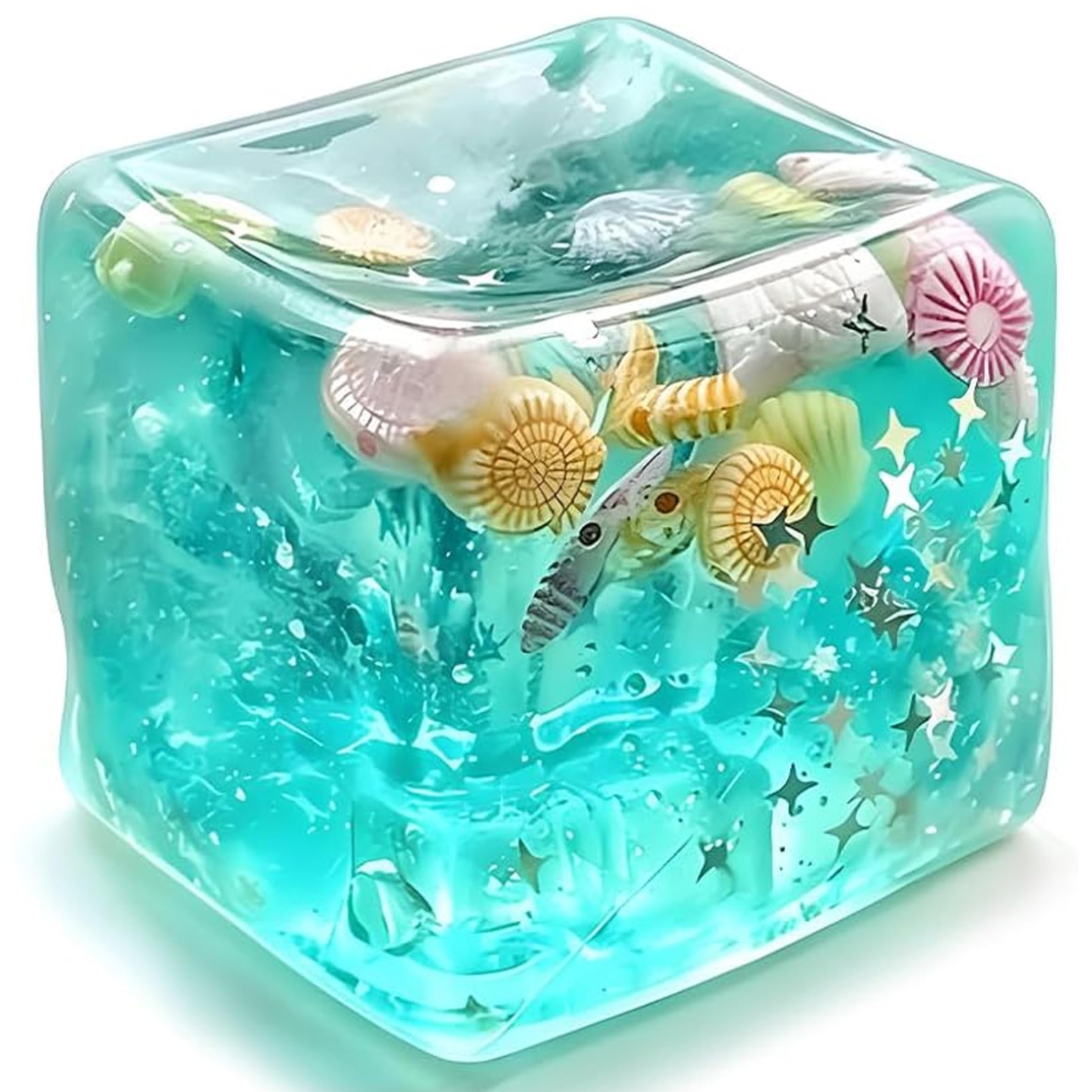 Ice Cube Stress Ball Soft Clear Sensory Fidget, Ocean Themed Squish with Shells Fish Stars for Kids Adults, Green Ice Cube Stress Ball, Ocean Themed Squish Toy, Clear Sensory Fidget, Shells Fish Sta