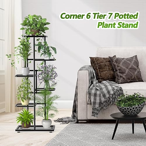Miniatura 6 de Soporte de metal para plantas de 6 niveles y 7 macetas para interiores con herramientas de jardinería y guantes, organizador de estantes altos para