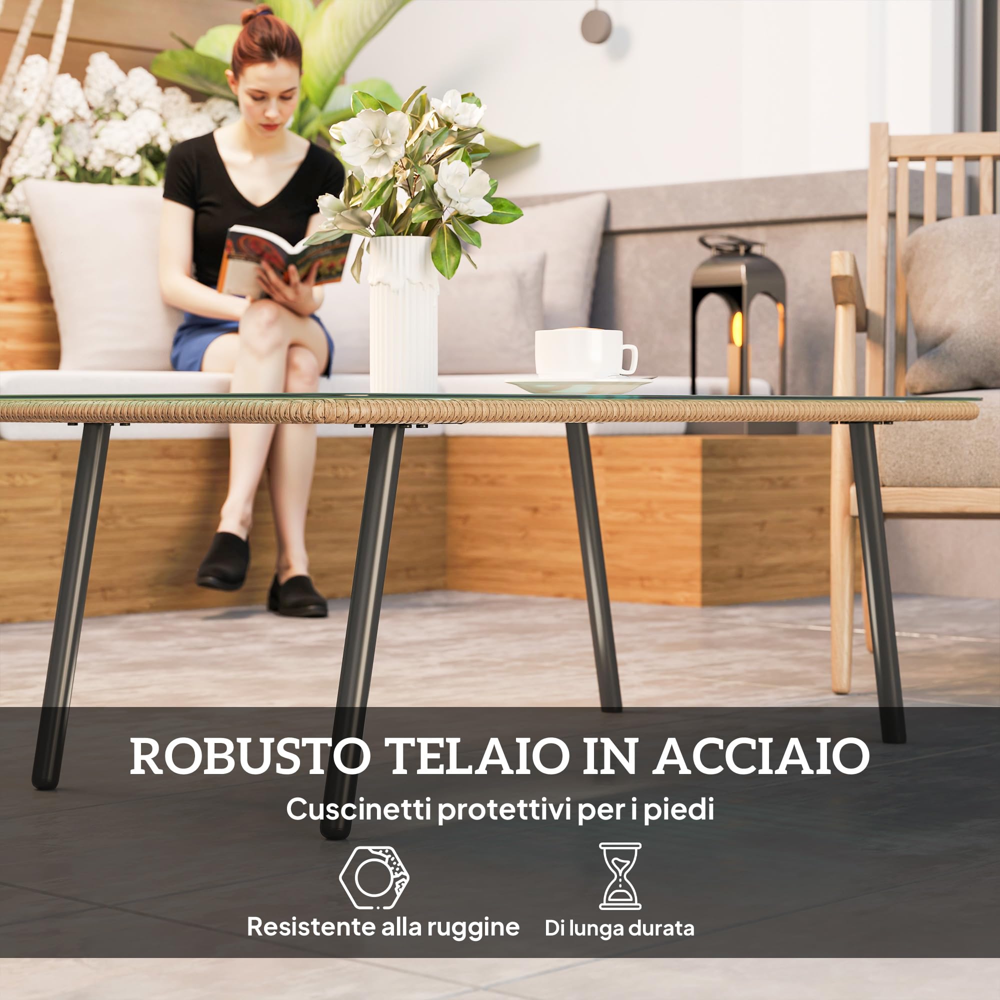 Outsunny Tavolino da Giardino in Rattan PE con Piano in Vetro, Tavolo da Caffè Rettangolare per Esterni ed Interni, 110x60x40 cm, Legno Naturale