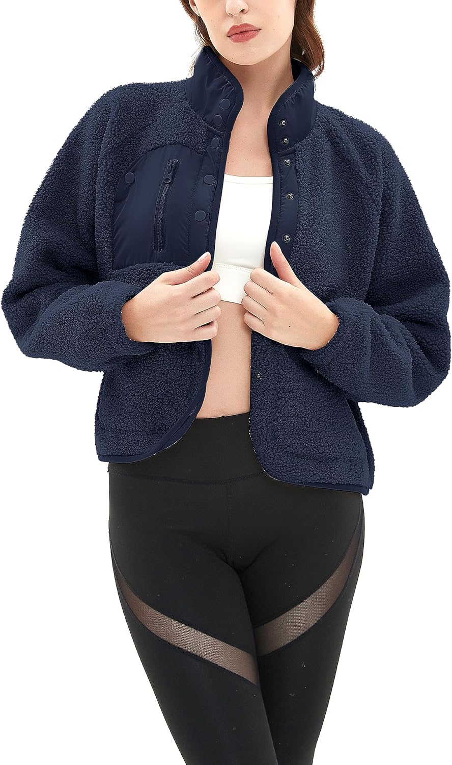 APAFES Women's Cropped Sherpa Lined Fleece Jacket Winter Warm Button Down Fuzzy Coats Shacket Outerwear with Pockets - Image 7