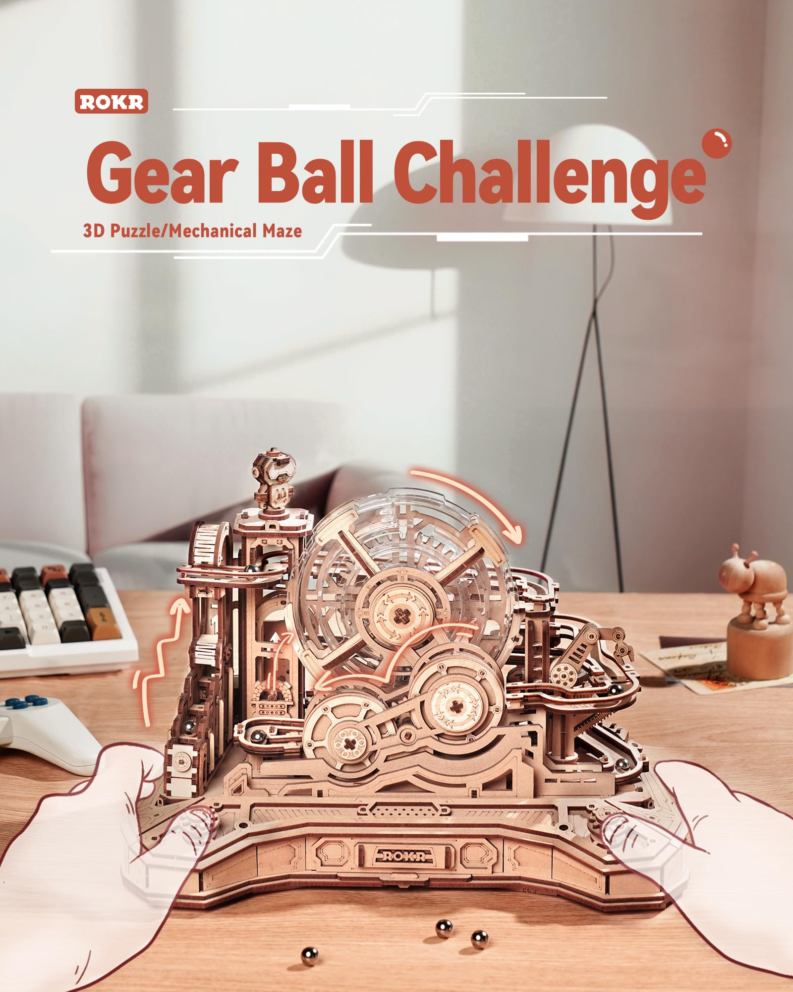 ROKR Gear Ball Challenge EGC01 3D Wooden Puzzle Marble Run Model Kits for Adults to Build Craft Kits DIY Pinball Machine Game Puzzle Gift for Men Women - Image 2