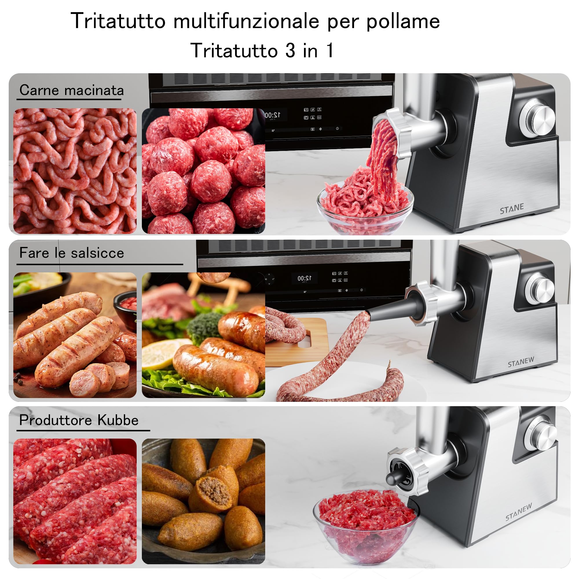 Tritacarne Elettrico STANEW 2500W - Robot da Cucina con 5 Lame Professionali (Taglio Onda/Grattugia) + Accessori Salsiccia/Biscotti, Design Compatto per Carne, Verdure e Formaggio