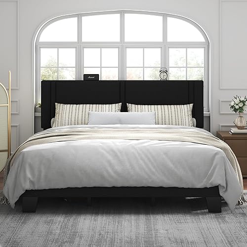 Miniatura 16 de Feonase Marco de Cama de Plataforma de Tamaño Completo, Marco de Cama Tapizado en Tela con Respaldo Alado, Listones de Madera Maciza y Soporte de