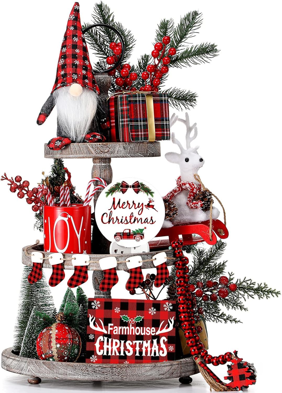 KAHEIGN Buffalo Plaid Christmas Tiered Tray Decorations Set, 25CM Gnomes Plush with 2 Wooden Signs, 2 Mini Trees, 6 Stocking, Mug and 57CM Bead Garland - for Christmas Home Table Fireplace Decoration