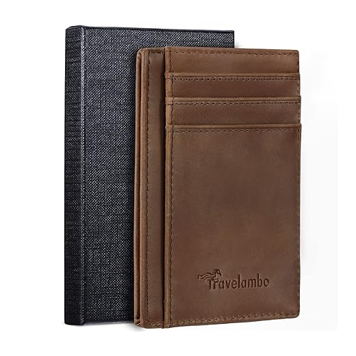 Travelambo Front Pocket Minimalist Leather Slim Wallet RFID Blocking Medium Size Card Holder Gifts for Men (Crazy Hose Deep Brown)