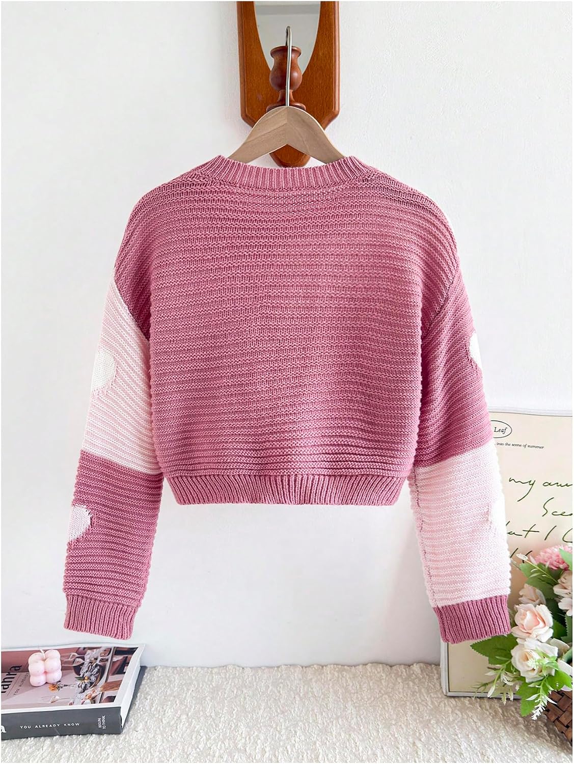 Verdusa Girl's Color Block Heart Graphic Sweater Crew Neck Long Sleeve Cute Loose Pullovers