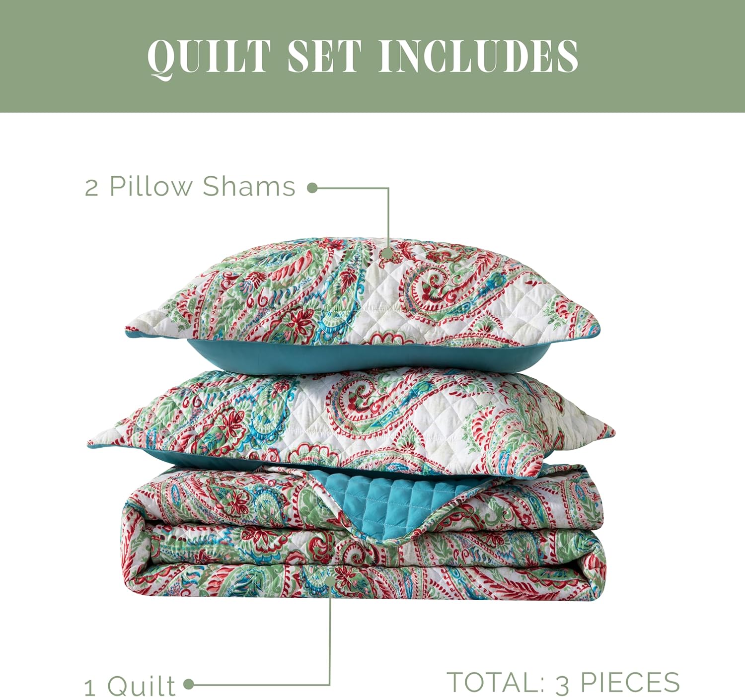 Elegant Comfort 3-Piece Boho Paisley Floral Patchwork Reversible Quilt - Soft Premium Bedspread with Matching Pillow Shams, Premium Stitching All Season Quilted Coverlet - Twin XL, Turquoise