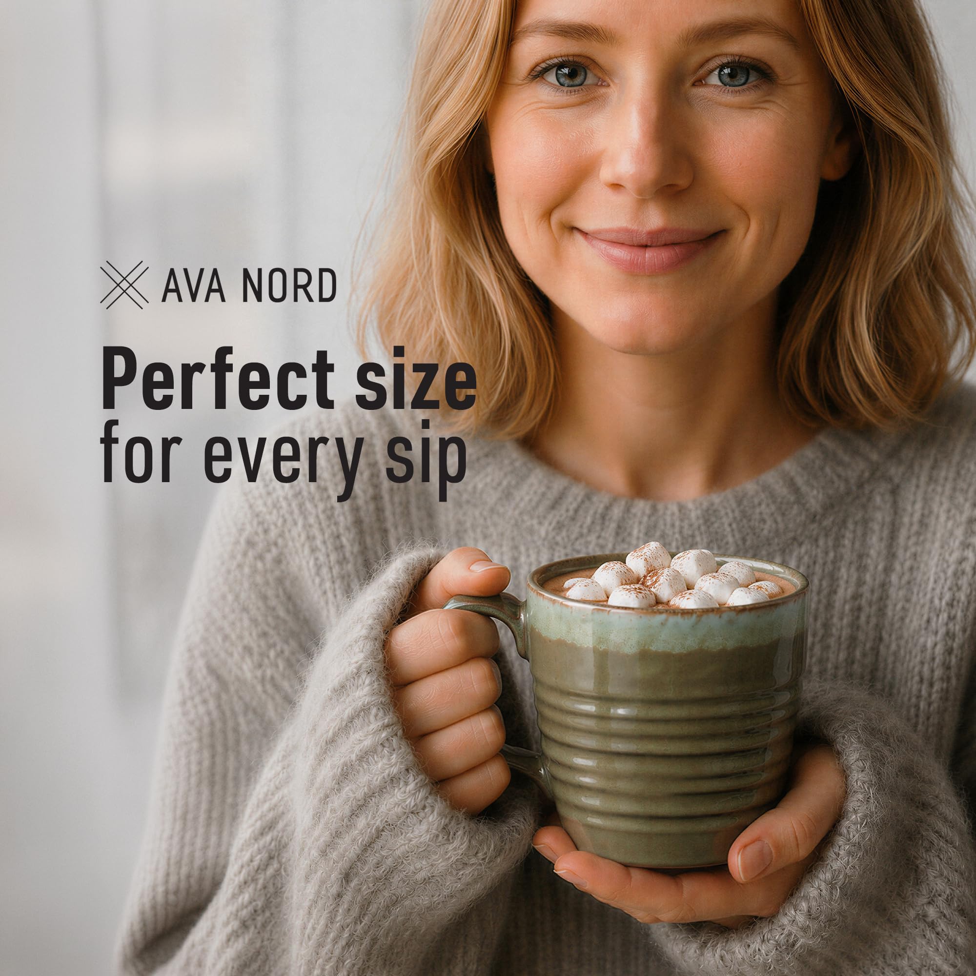 Ava Nord Juego de 4 tazas de café de cerámica de 14 onzas con asa, juego de tazas de café de cerámica de esmalte reactivo para té, latte, capuchino, cacao, chocolate caliente, aptas para microondas y