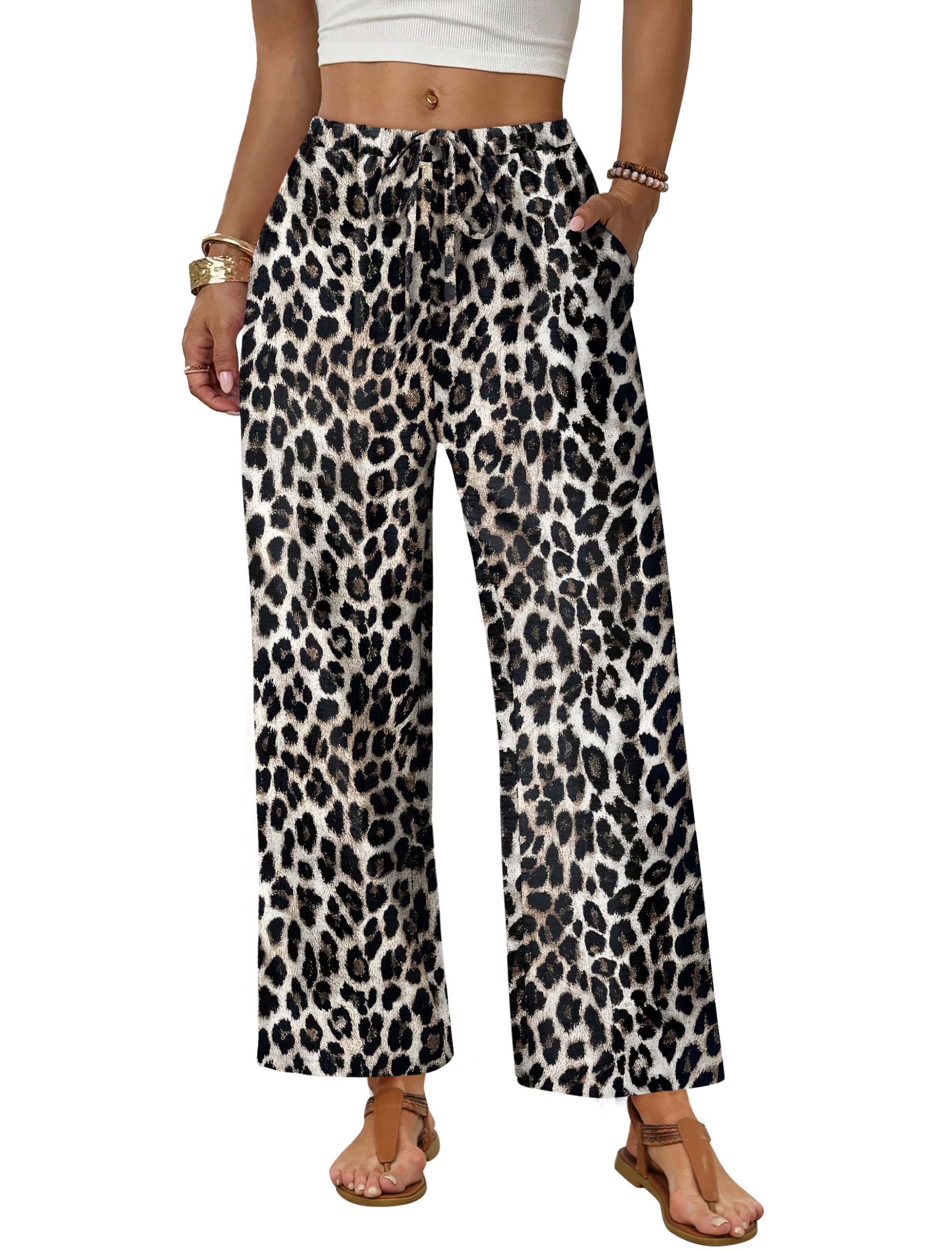 Sampeel Wide Leg Pants Women Casual Palazzo Drawstring Elastic Waist Trousers with Pockets Summer Beach Vacation Clothes — view 11