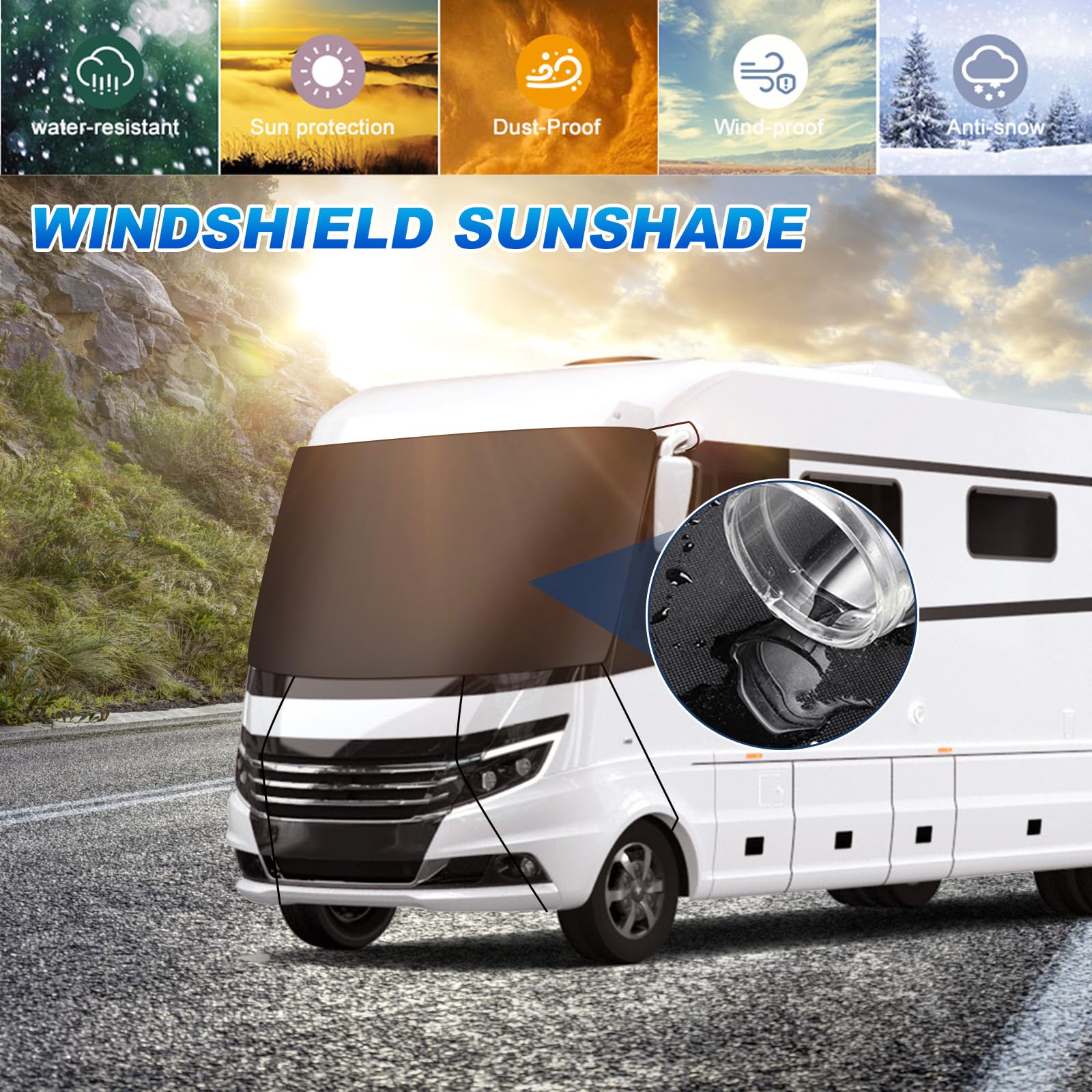 Funda para Parabrisas de Coche para Autocaravanas integradas, Funda Envoltura de Parabrisas de Lujo 600D para Clase A, Impermeable, Nieve, Hielo, Escarcha, Polvo, Sol (Negro) — view 7