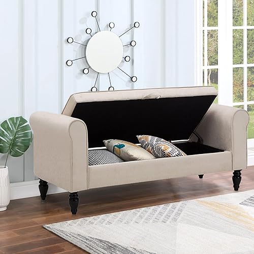 Miniatura 3 de ANNJOE Banco otomano de almacenamiento con brazos, banco tapizado para dormitorio, entrada y extremo de la cama (beige)