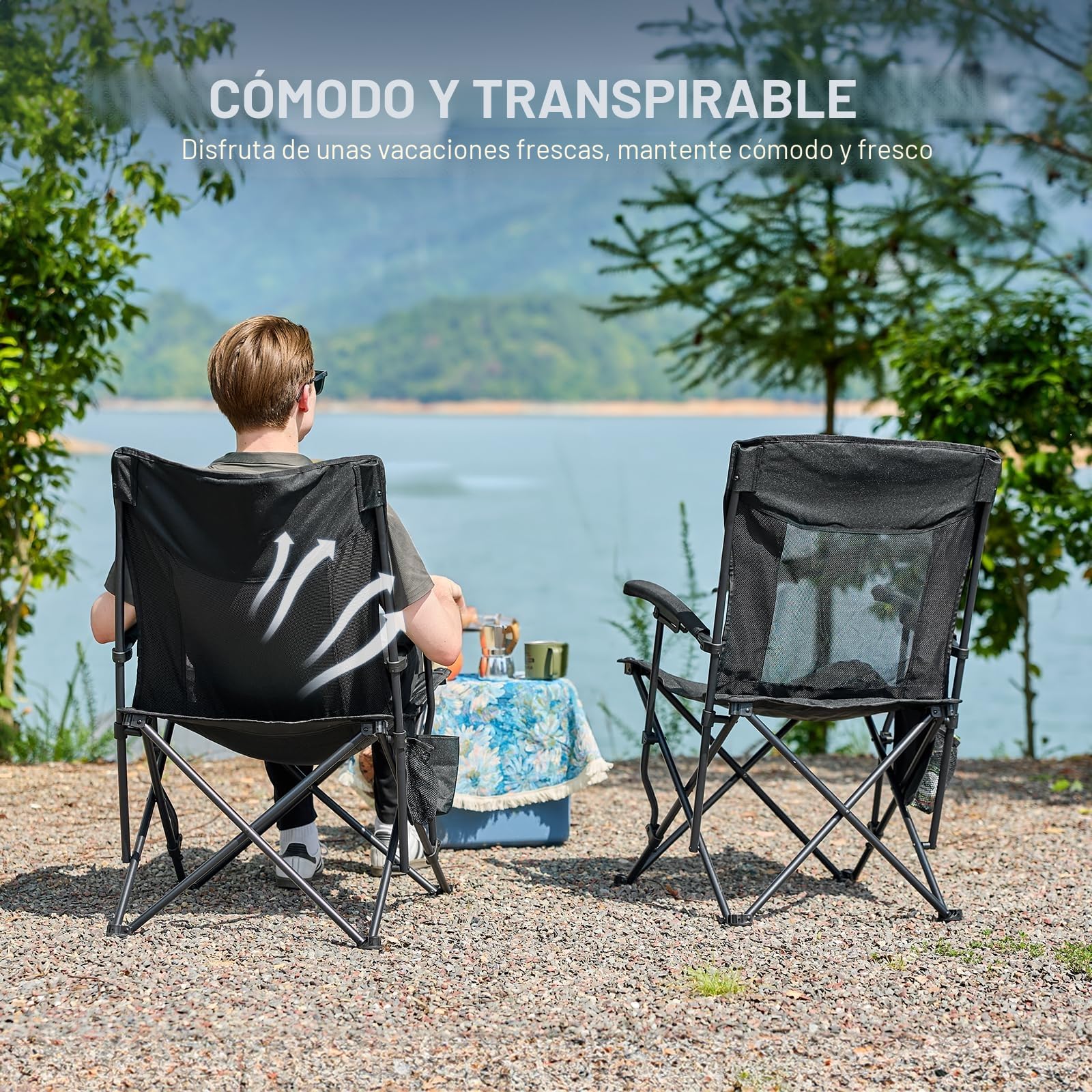 TIMBER RIDGE Silla de Camping Plegable Ligera 150 kg de Capacidad, Respaldo Alto y de Rejilla, con Portavasos y Bolsa de Transporte, para Exteriores, Playa, Festival, Pesca, Jardín, Picnic, Terraza