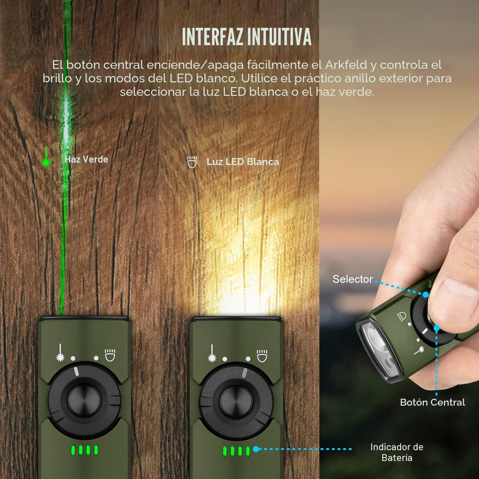 OLIGHT Arkfeld Doble Fuente de Luz Recargable EDC Linterna，Combinación de Haz Verde y LED Blanco, IPX7 y 1m Prueba de Caída,Adecuado para al Aire Libre, el Trabajo y de Emergencia