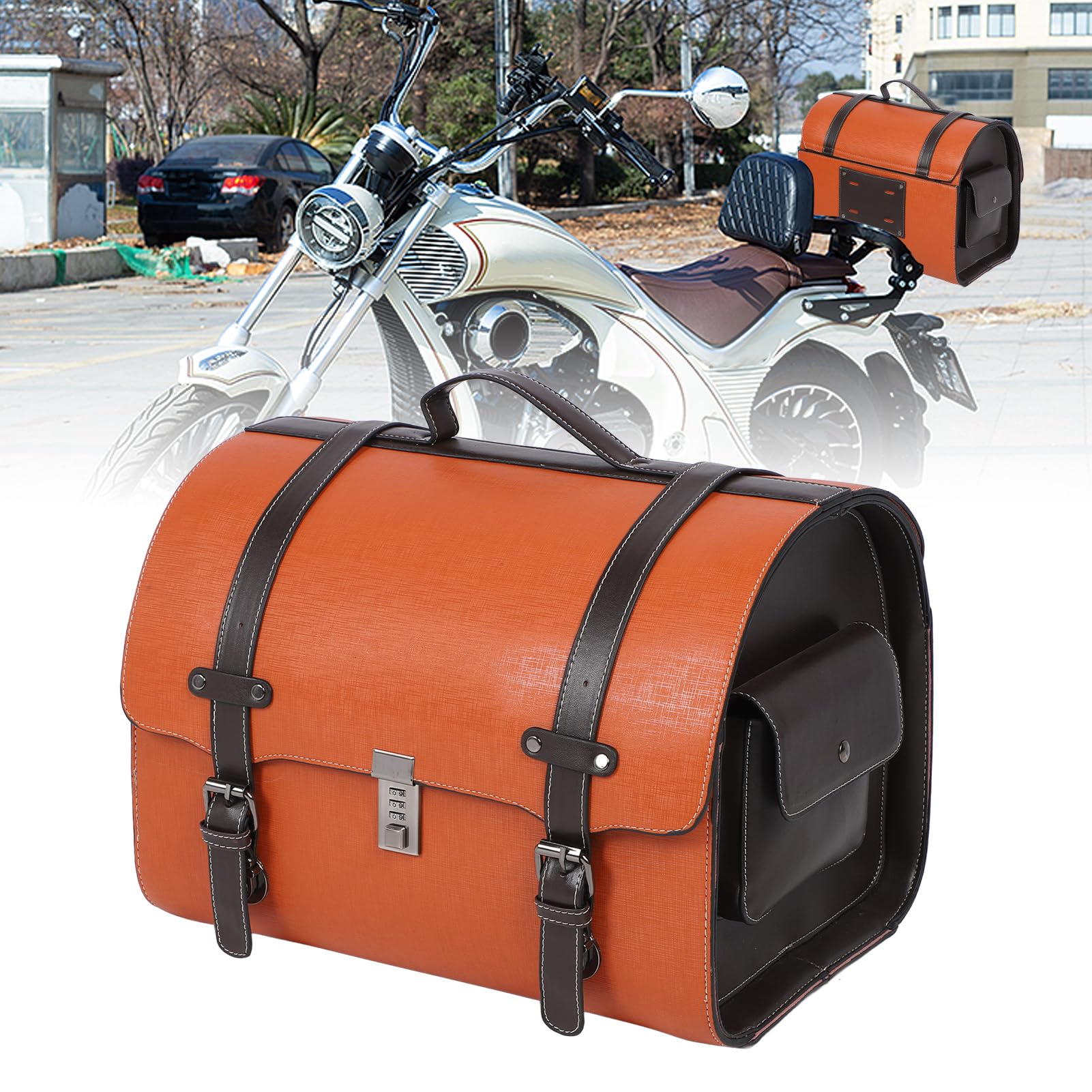 Torba na Bagażnik Motocykla Stylowa, Wodoodporna, o Pojemności 29,5 L, z możliwością Szybkiego Wypięcia, Przechowywania Niezbędnych Akcesoriów Jeździeckich, Skóry (Pomarańczowy z czarnym