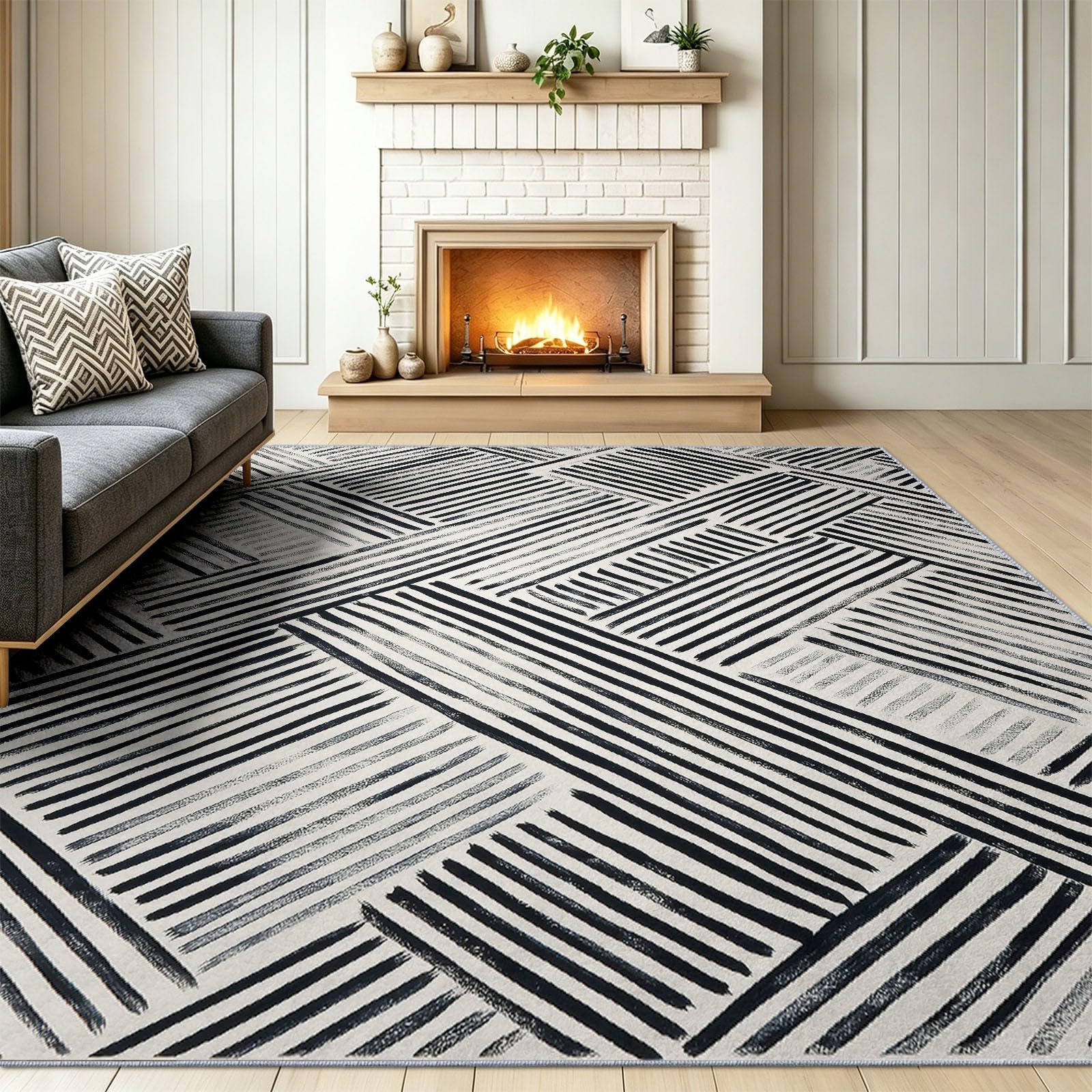 Geometrisch Diagonale Linien Horizontale Linien Teppich, Minimalistisch Modern Teppich, waschbar, 160 x 230 cm - für Wohnzimmer Schlafzimmer weich Büro Esszimmerteppich rutschfest, Schwarzweiß