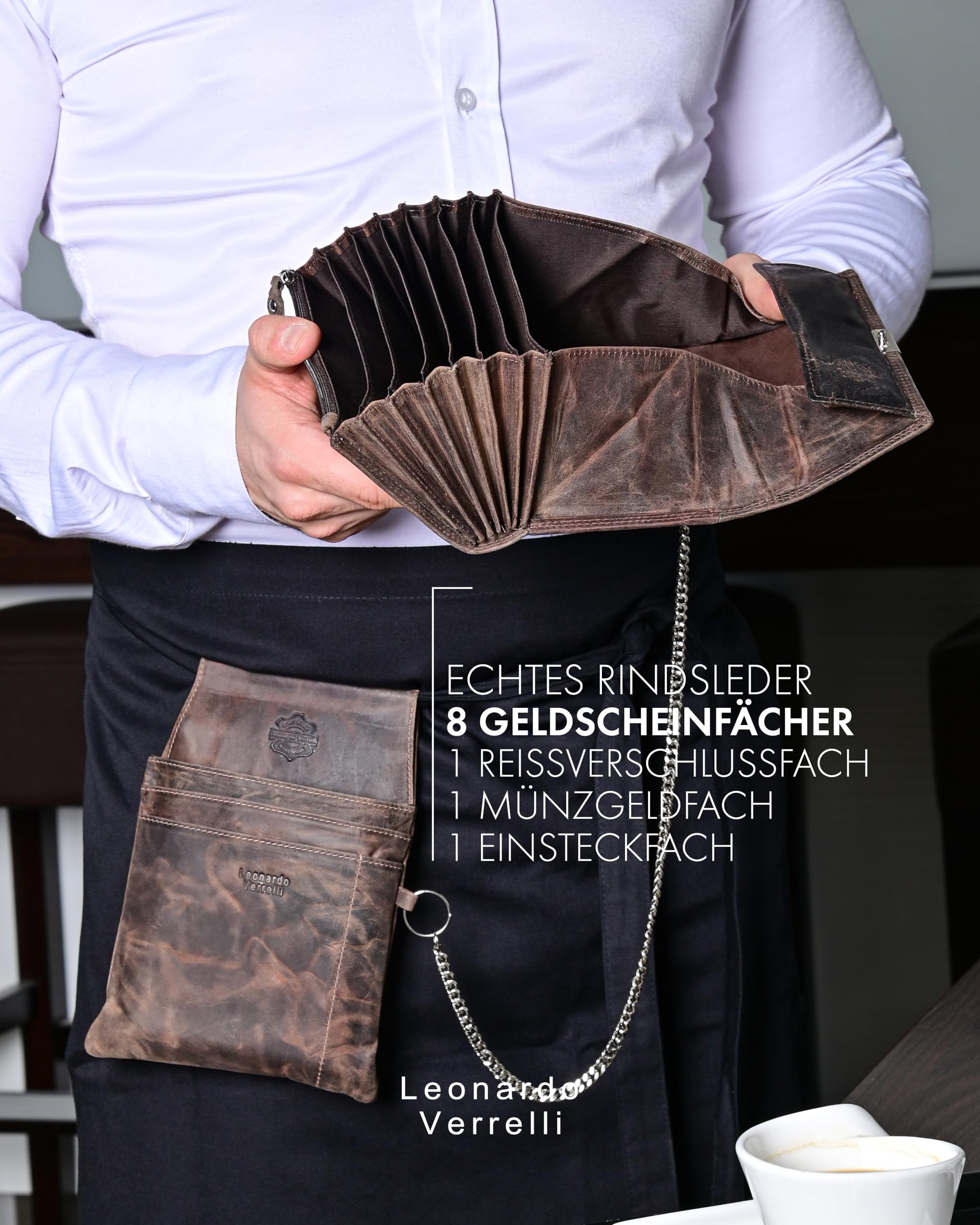 Cartera de camarero de piel con funda, monedero para operaciones de gastronomía con trabilla para cinturón, para operaciones hombre y mujer, marrón, 21x15, Clásico