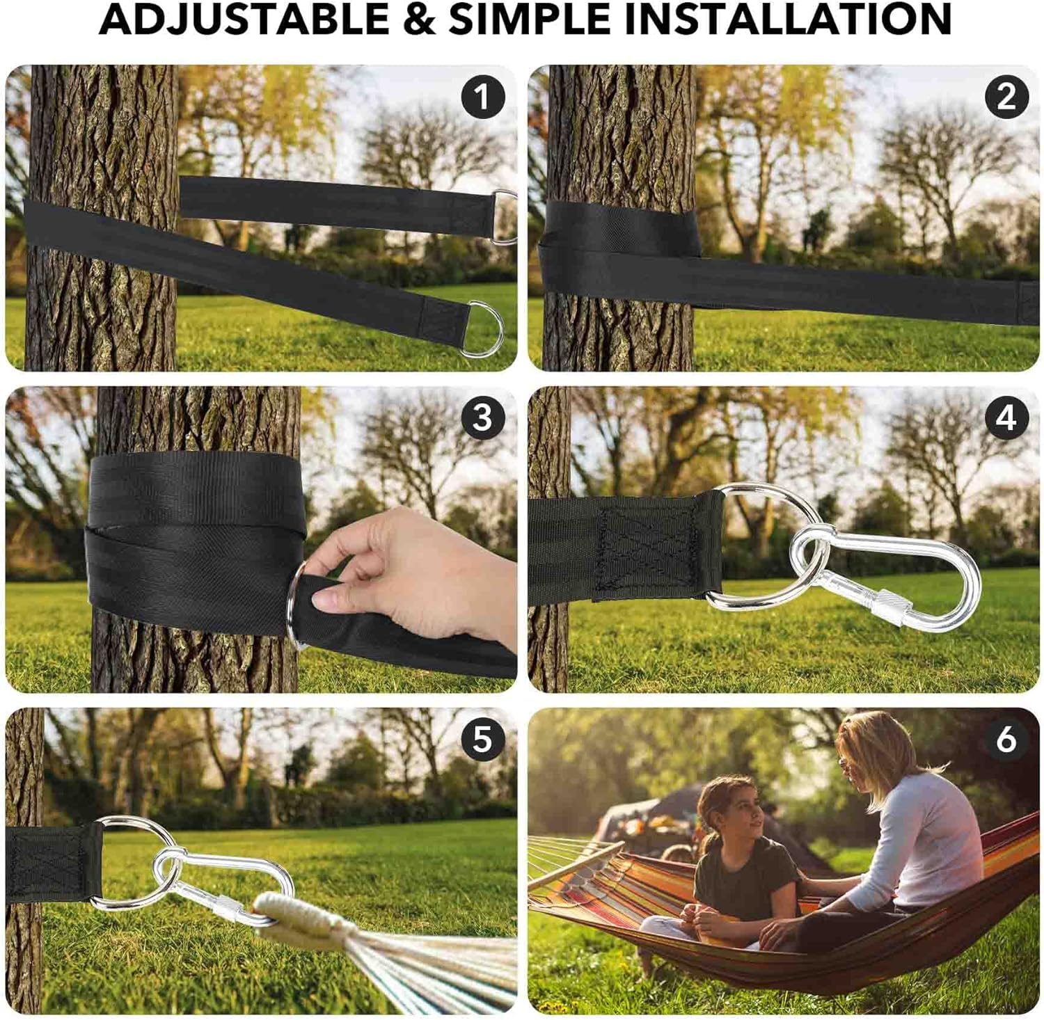 Cinghie per Amaca 150cm × 5cm Cinghie per Altalena Contiene Fino a 800kg Fissaggio per Amaca Altalena Esterno con 2 Moschettoni e 1 Borsa per Amache da Giardino e Altalene da Campeggio