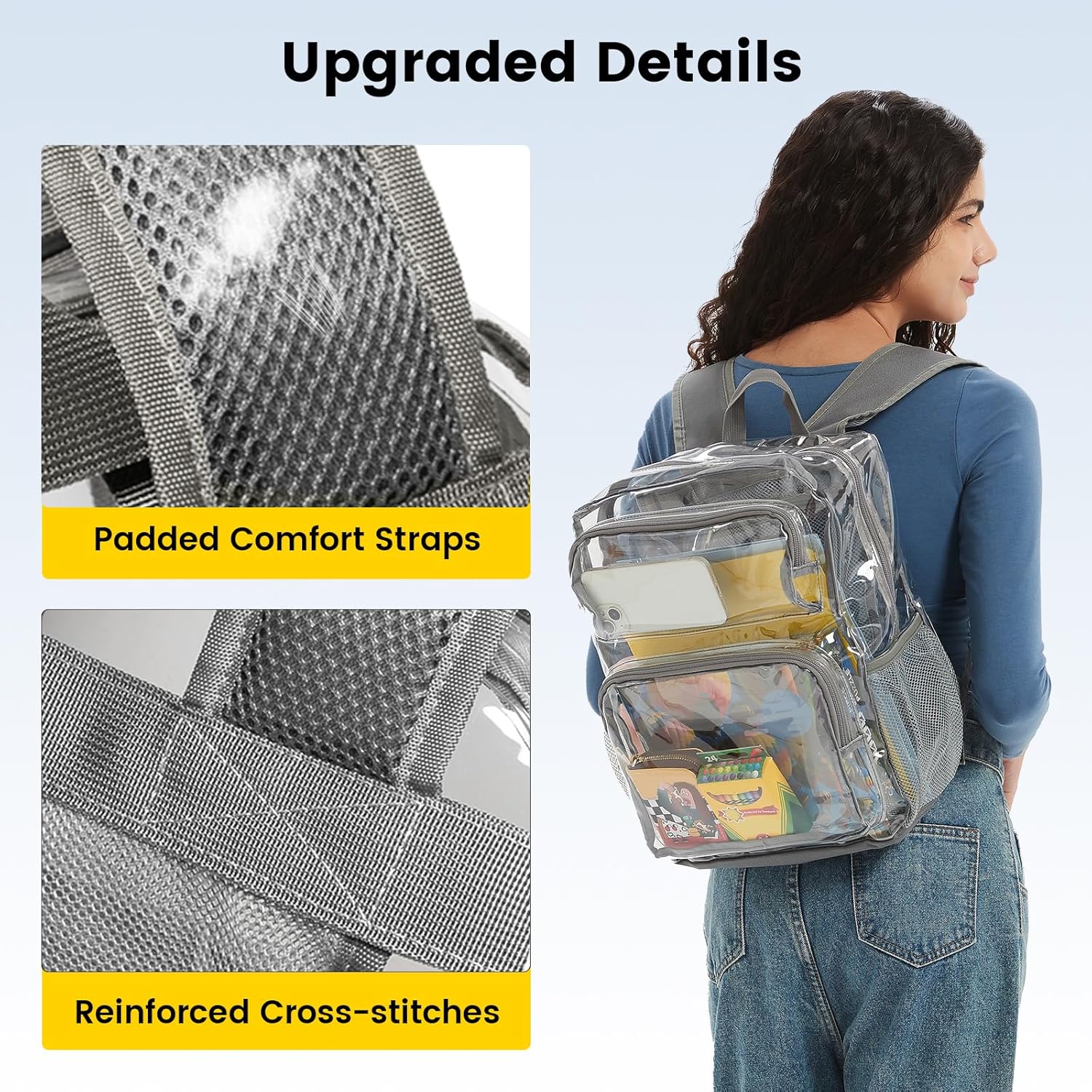 Vorspack Clear Backpack Heavy Duty - Large Clear Bookbag Transparent Backpacks See Through Backpack for College Work Travel Festival - Grey - Image 4