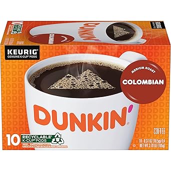 Dunkin 100% Colombian Medium Roast Coffee, 10 Keurig K-Cup Pods
